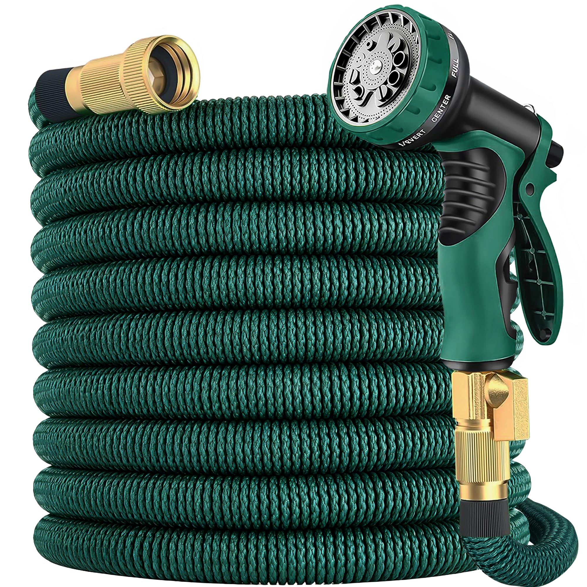 Expandable Garden Hose 50 ft with 10 Function Nozzle Sprayer, Lightweight & No-Kink Flexible Water Hose with Durable Latex Core & Solid Brass Fittings, 50ft Retractable Stretch Hose (DarkGreen)