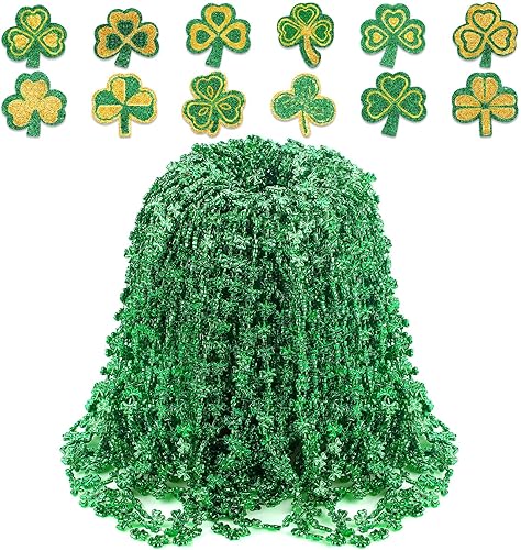 Miniatura 8 de 144 piezas de accesorios de fiesta del día de San Patricio collar de cuentas de trébol verde a granel collar de cuentas de trébol con purpurina