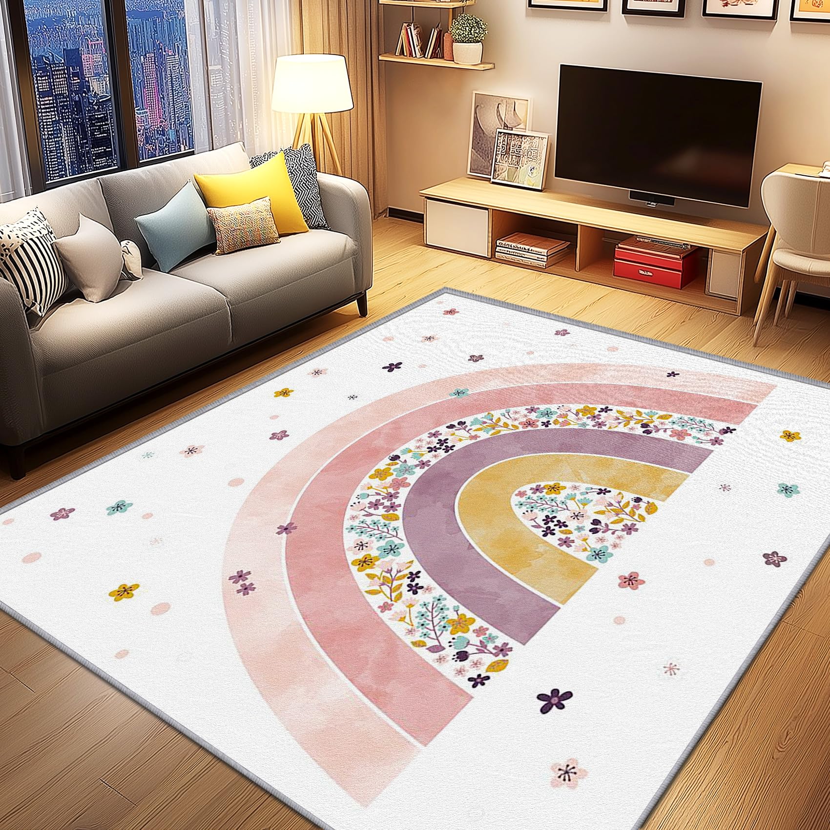 Regenbogen Deko, Kinder Teppich 100x150 Kurzflor, Teppich Wohnzimmer Süße, Weich rutschfest Waschbare Teppiche, Bettvorleger Schlafzimmer Kinderzimmer
