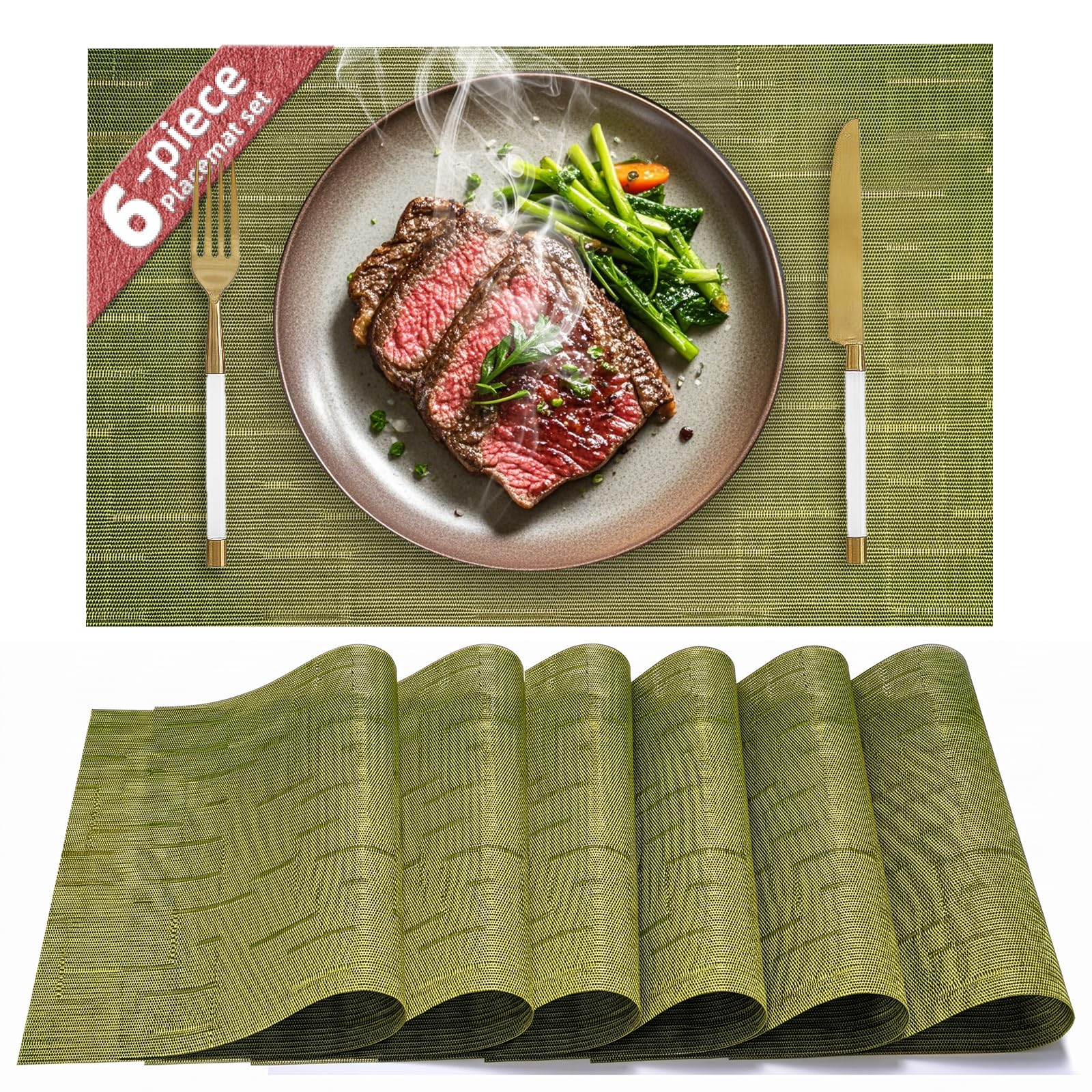 HELI MIAO Table Mats Set of 6, PVC Place Mats Washable Non-Slip & Heat Resistant, Wipe-Clean Woven Placemats for Kitchen Dining Table Hotel, 17"X12" โ Grass Green