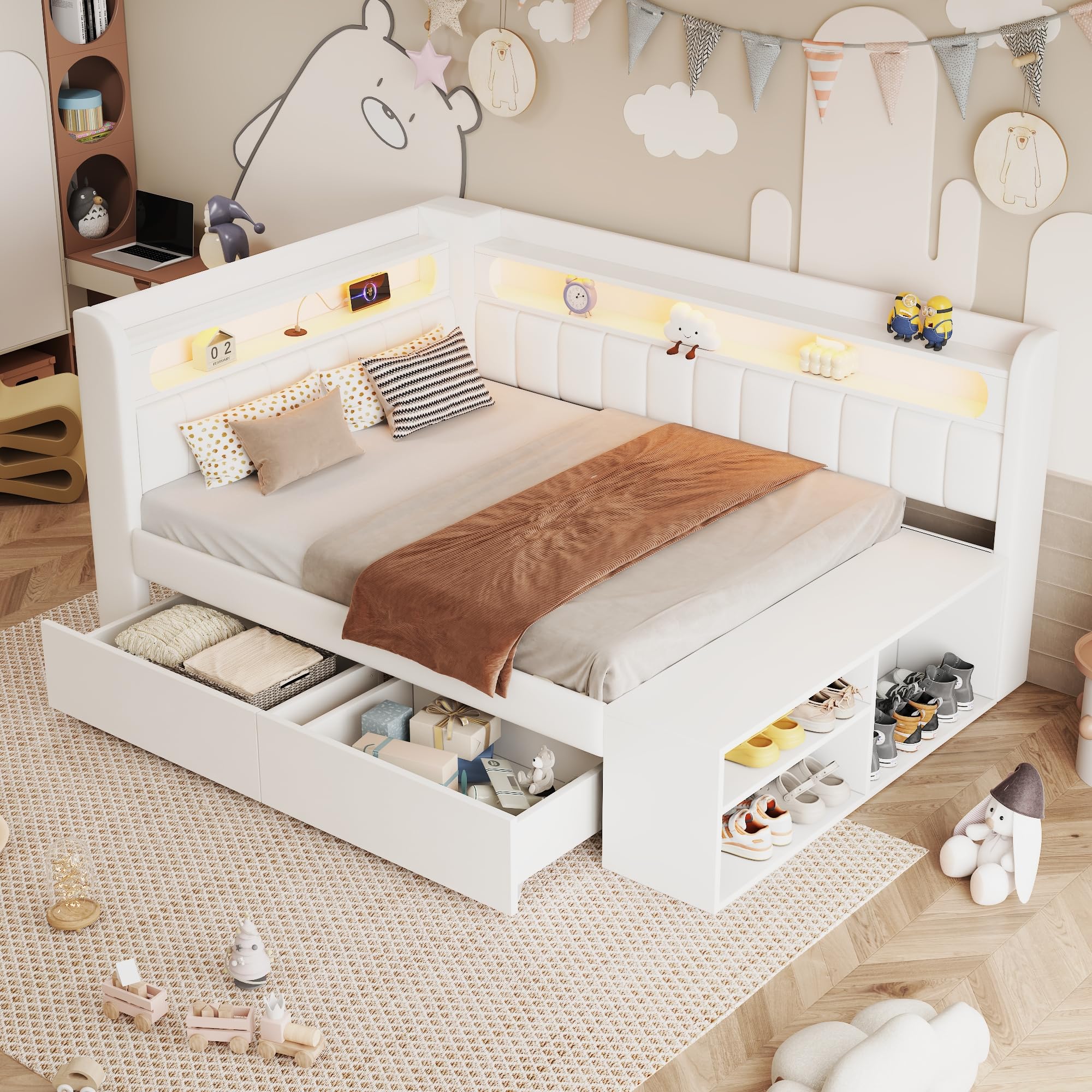 Moimhear Divano letto imbottito con porta USB e striscia luminosa a LED, con scarpiera e due cassetti, 90 x 200 cm (bianco)