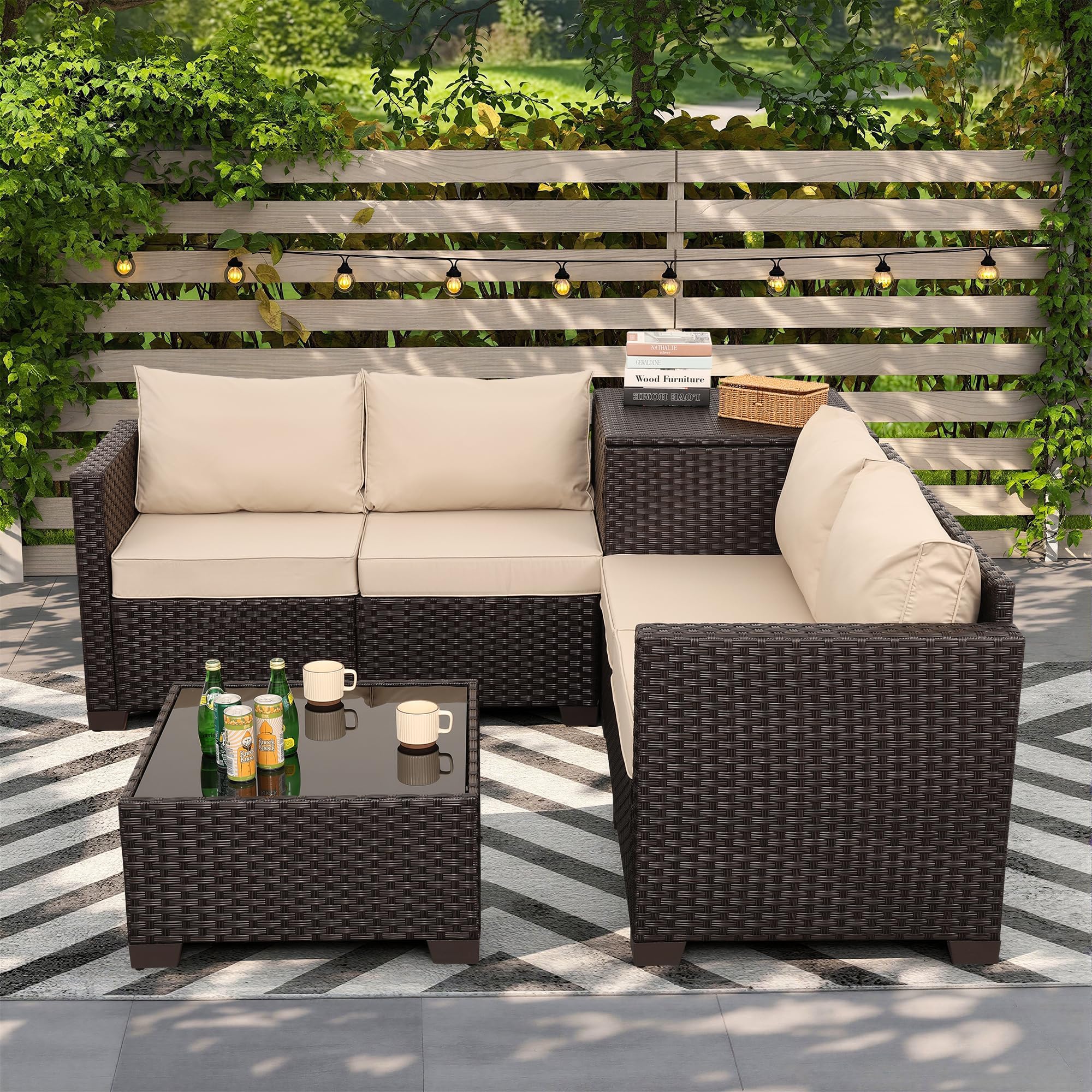 Valita Wicker Patio Furniture Set 4 Pieces Outdoor Sectional Conversation Sofa Set with Storage Box and Glass Table with Cushions and Furniture Covers, Khaki
