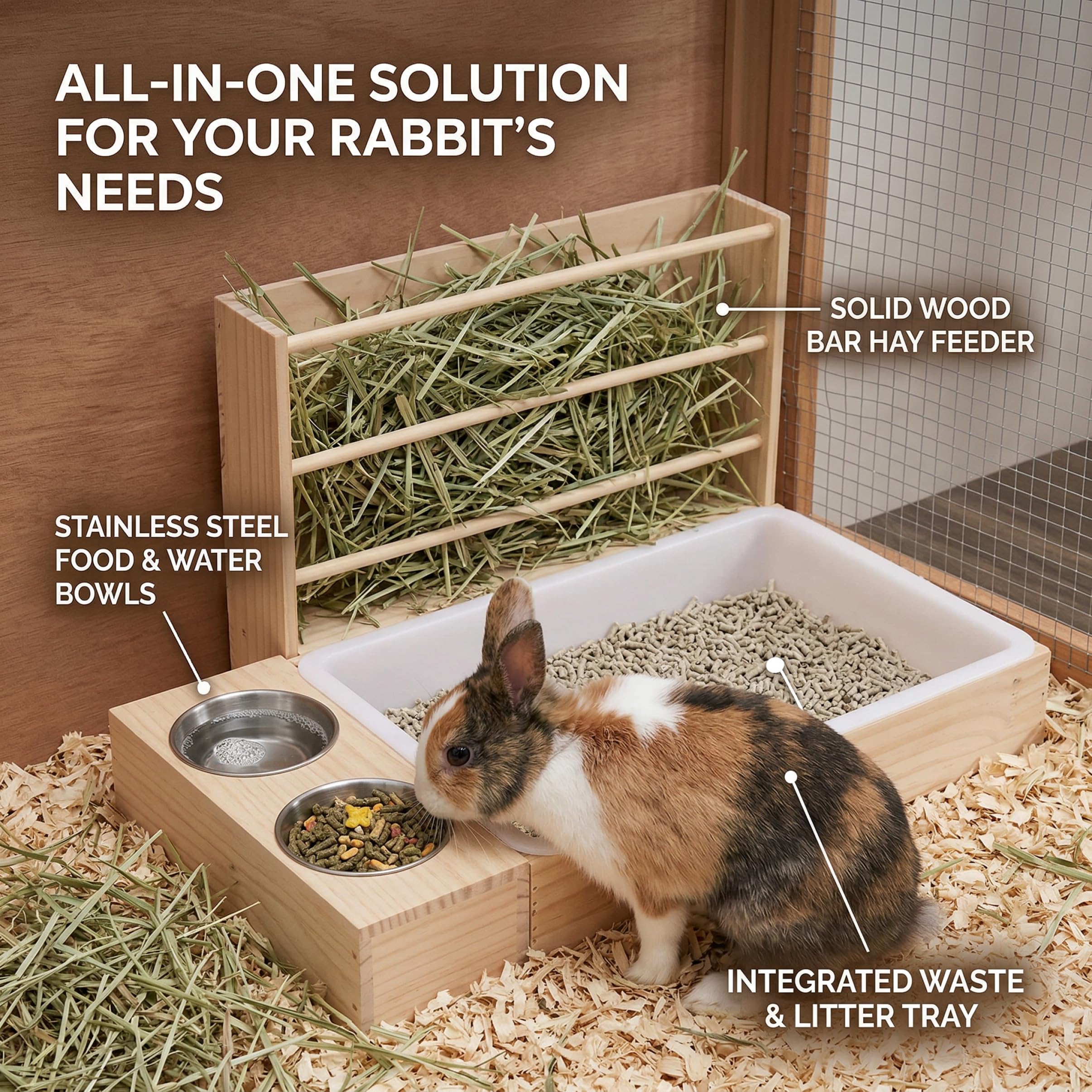 Hasen-Heu-Futterstation, Kaninchen-Heu-Futterstation mit Katzentoilette – Futternapf für Meerschweinchen aus Holz und Lebensraum für kleine Haustiere (Hasen, Wachteln, Hamster).