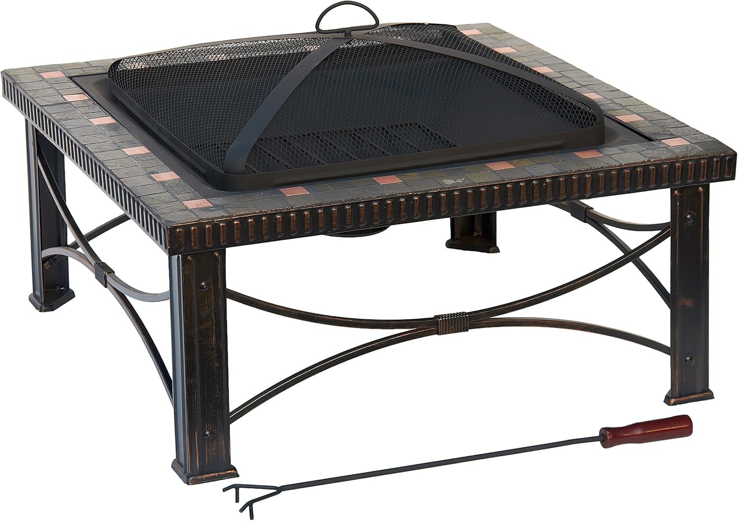 Hiland 30'' Natural Slate Wood Burning Fire Pit W/Copper Accent, Cherry Wood Poker, Mesh Lid