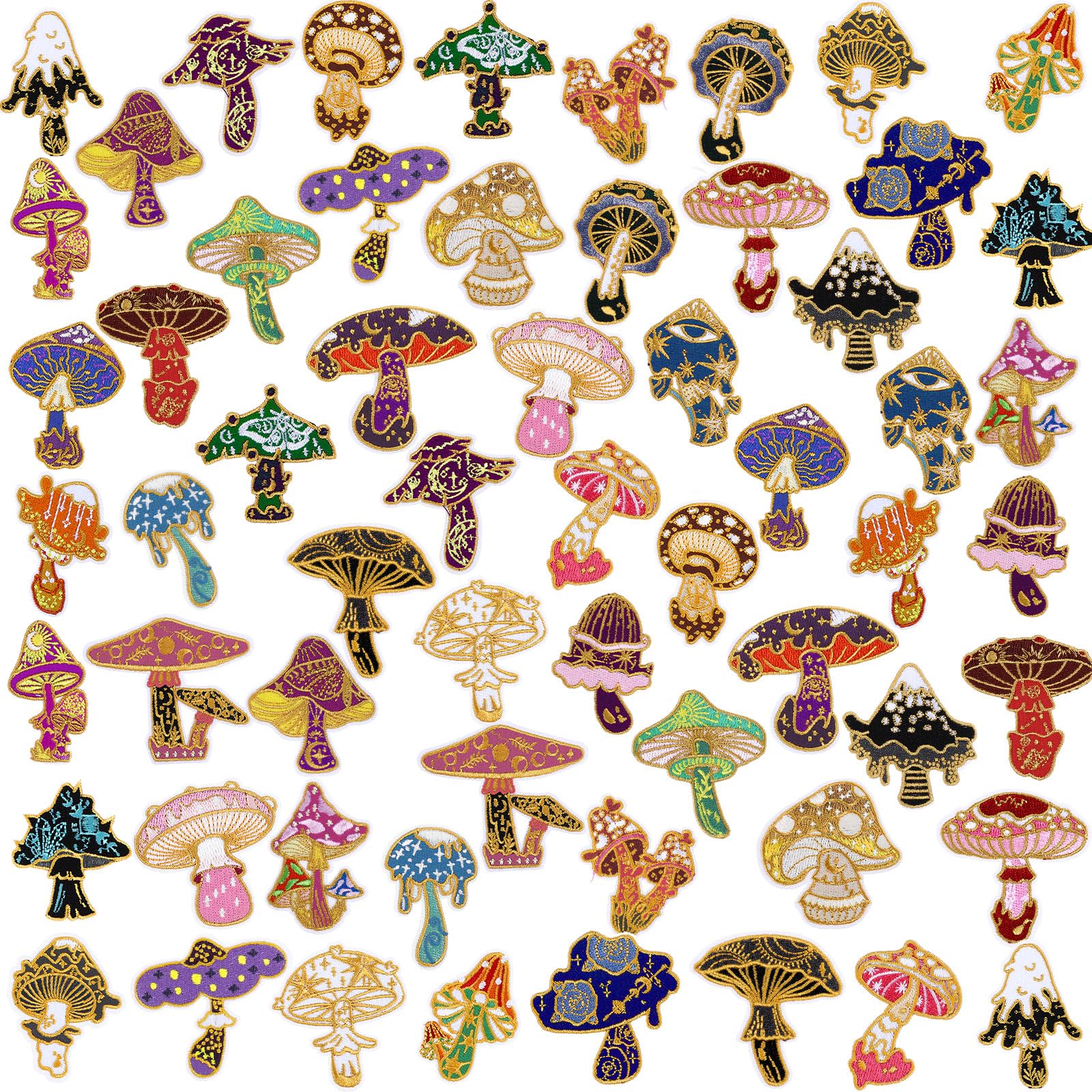 Thiccywoov 60 parches de hongos para planchar para ropa, mini parches bordados de hongos para planchar o coser, para chaquetas, jeans, mochilas, sombreros, vestidos, pantalones, zapatos, decoración de