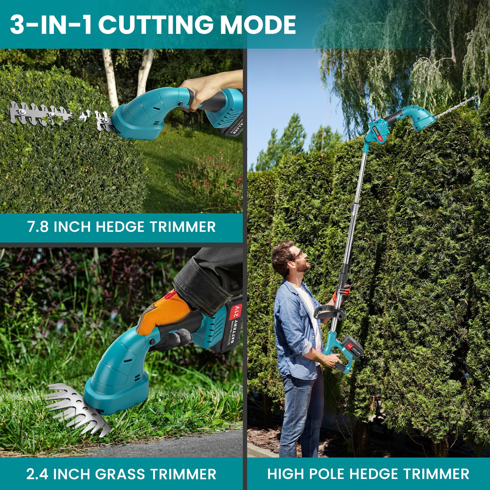Cortasetos telescópico con batería 3 en 1 con barra telescópica de 135 cm, tijeras de césped con batería y tijeras para arbustos con 2 baterías de 3 Ah, desbrozadora de mango largo ajustable de 180°