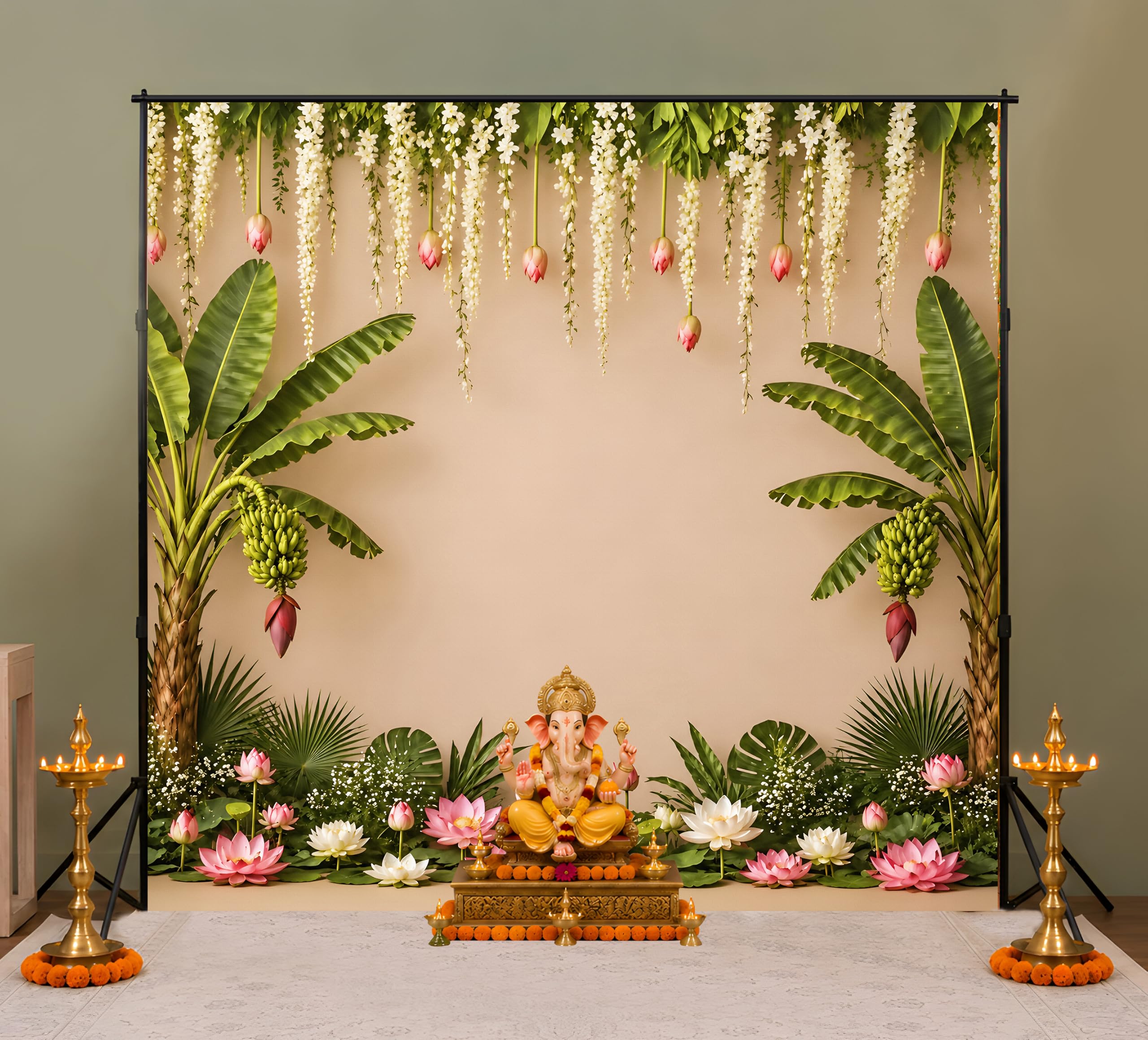 Ganesh Chaturthi Pooja Backdrop 8x8 Ft Traditional Banana Leaves & Floral Backdrop Cloth for Pooja Decoration | South Indian Style Wedding, Haldi, Mehendi, Griha Pravesh & Festival Backdrop-image-22