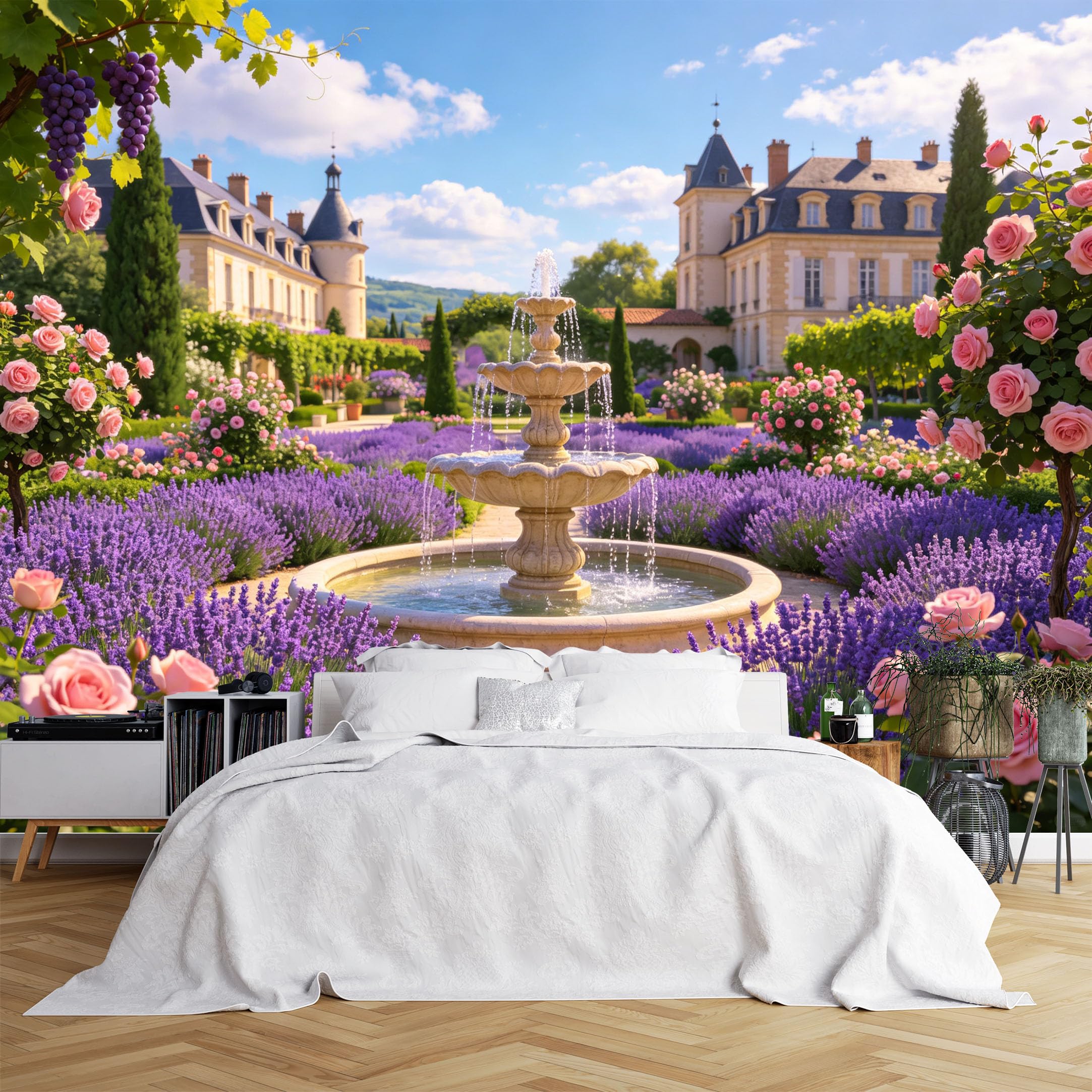 Custom Size Wall Murals Lavender Garden with Stone Fountain and French Chateau Wall Murals Countryside Scenery Wallpaper, Large Photo Wallpaper Self-Adhesive Removable Wallpaper