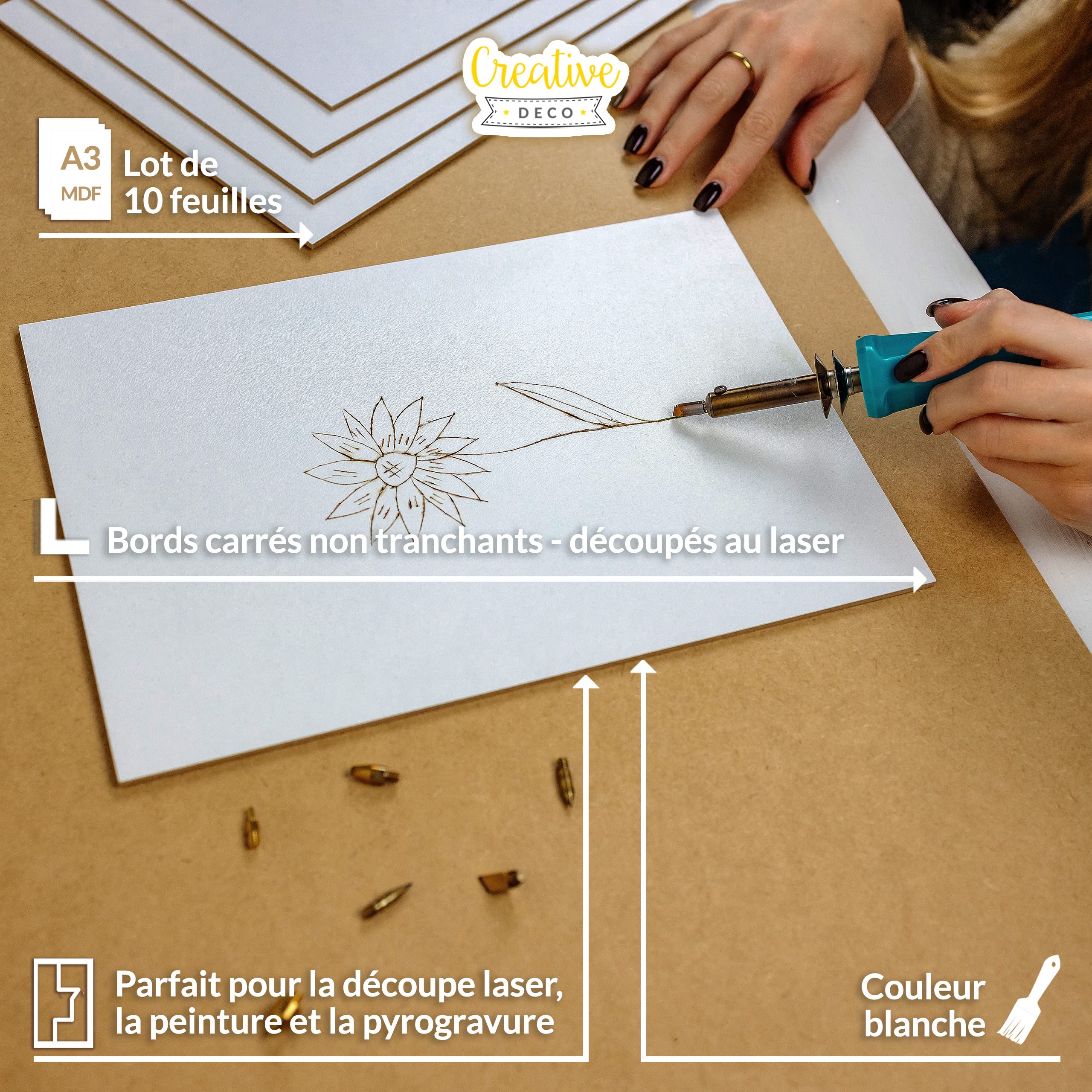 Creative Deco Lot de 10 feuilles MDF blanc A3 420 x 300 x 3 mm Bois vierge pour dessin, décoration intérieure, art et artisanat, peinture, bricolage, découpe laser