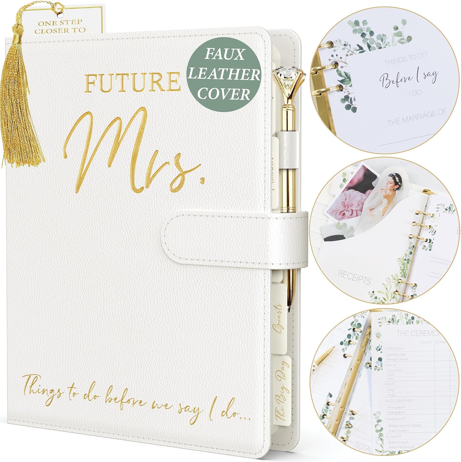Wedding Planner Book and Organizer - Faux Leather 'Future Mrs' Wedding Planning Book and Organizer 2024-25 I Wedding Binder inc. Pen, Bookmark & Stickers & Bridal Countdown Calendar I Designed in USA Pearl