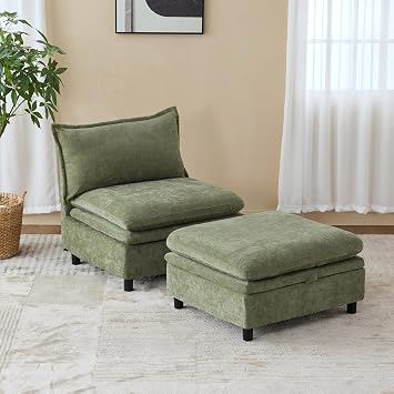 Single Armchair with Storage Ottoman, Modern Chenille Cloud | Couch with Convertible Chaise, Upholstered Sofa Set for Living Room, GREEN