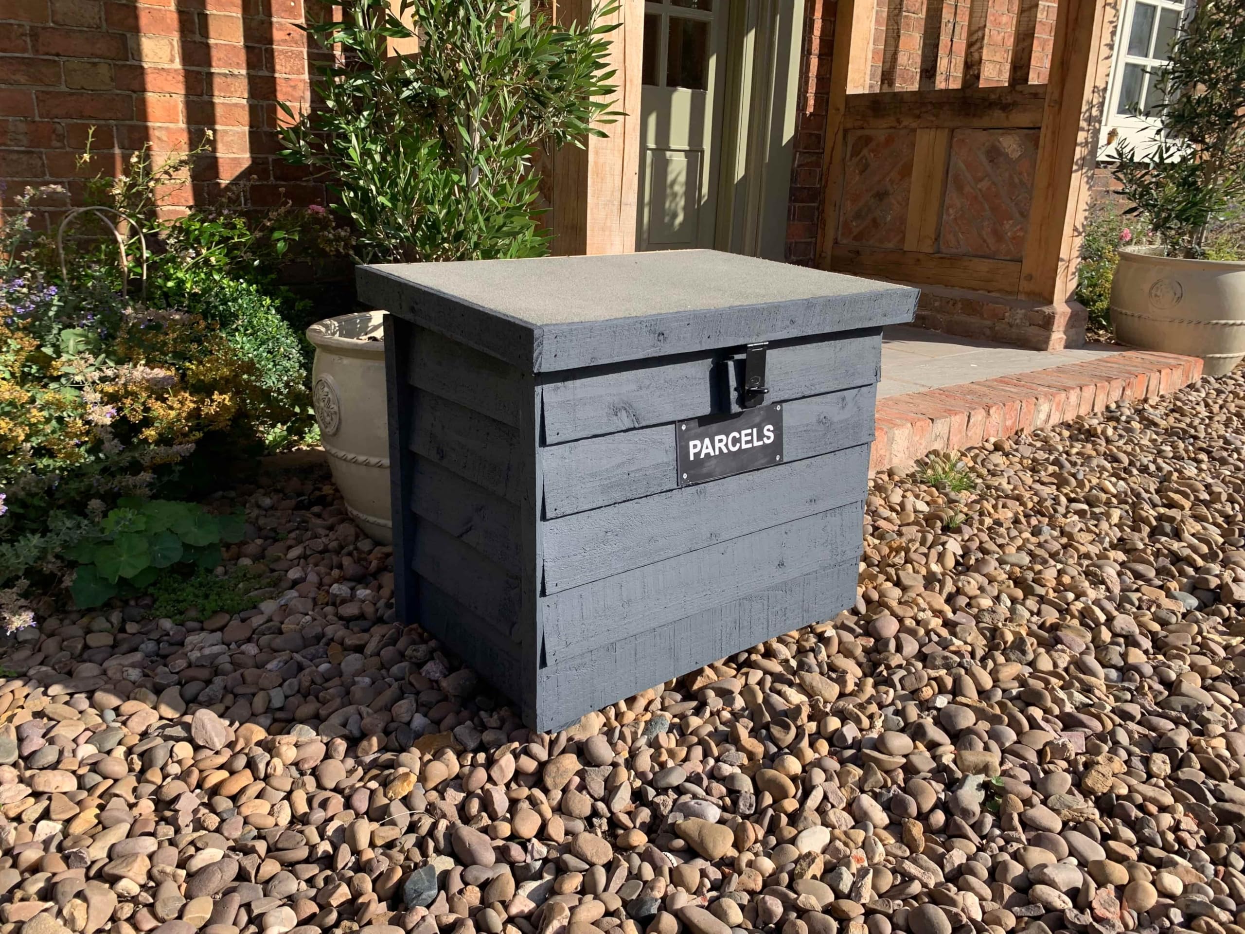 Lockable Parcel Delivery Box painted Dark Grey, Garden Store, Muddy Shoes Boots Wellingtons Storage, Log Store, Grocery Delivery Box - Delivered Fully Assembled
