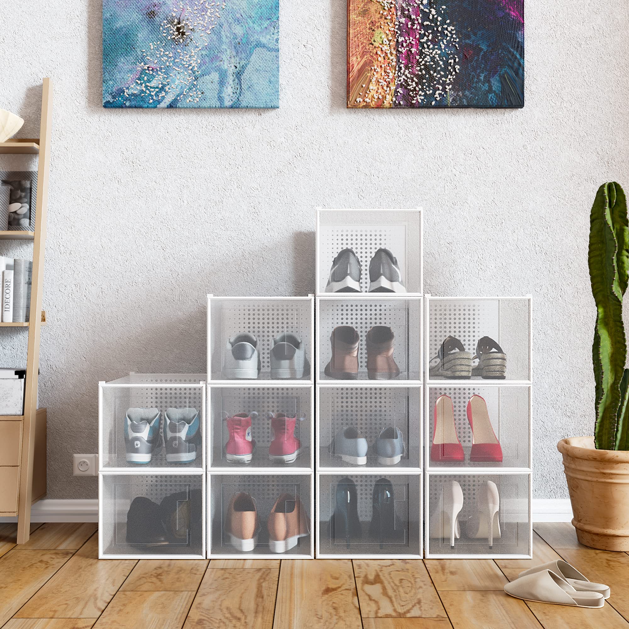linovum 6er Set Schuhboxen stapelbar transparent für Übergrößen - modulare Aufbewahrungsbox für Schuhe mit Tür & Durchlüftung