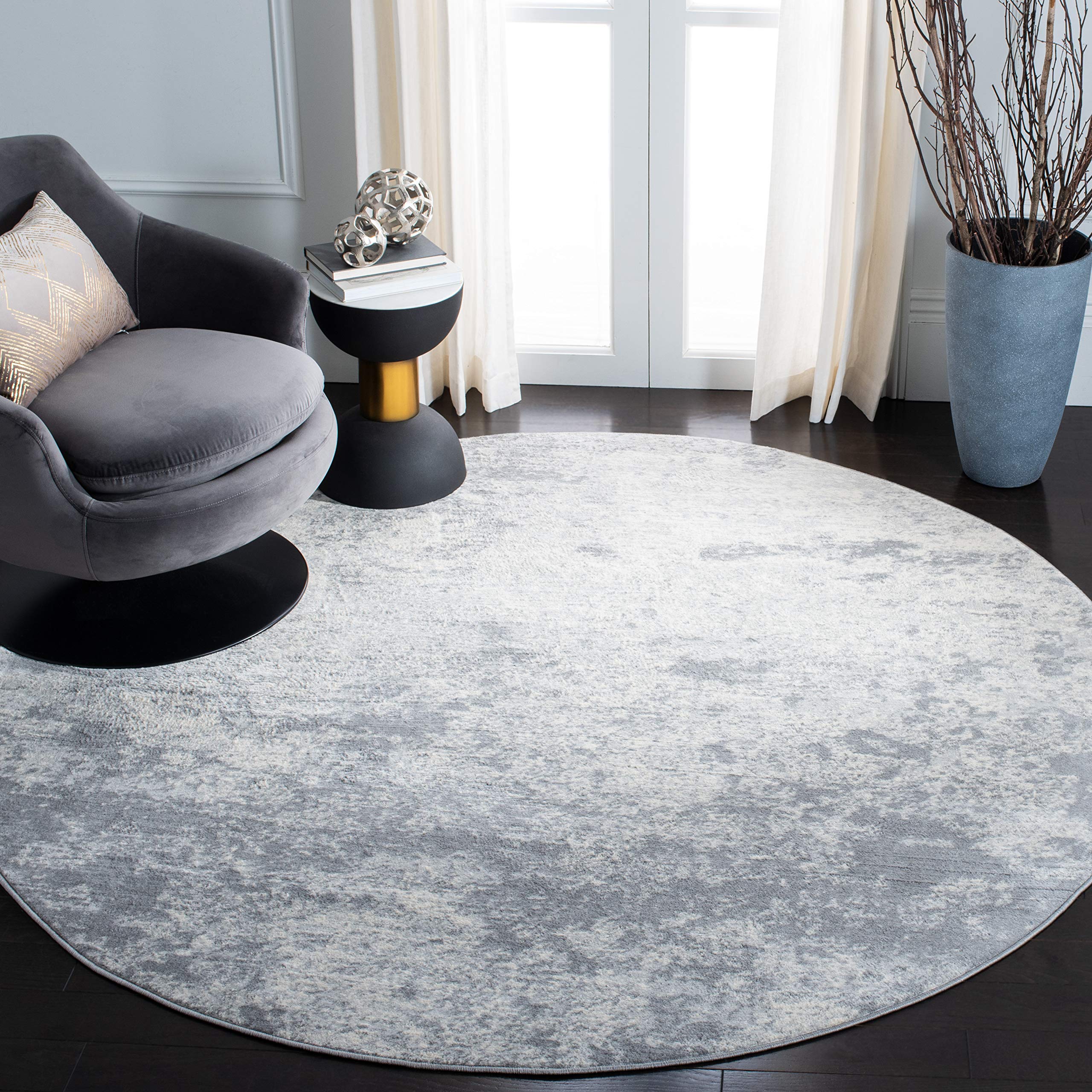 SAFAVIEH Brentwood Collection Area Rug - 4' Round, Grey & Ivory, Modern Abstract Design, Non-Shedding & Easy Care, Ideal for High Traffic Areas in