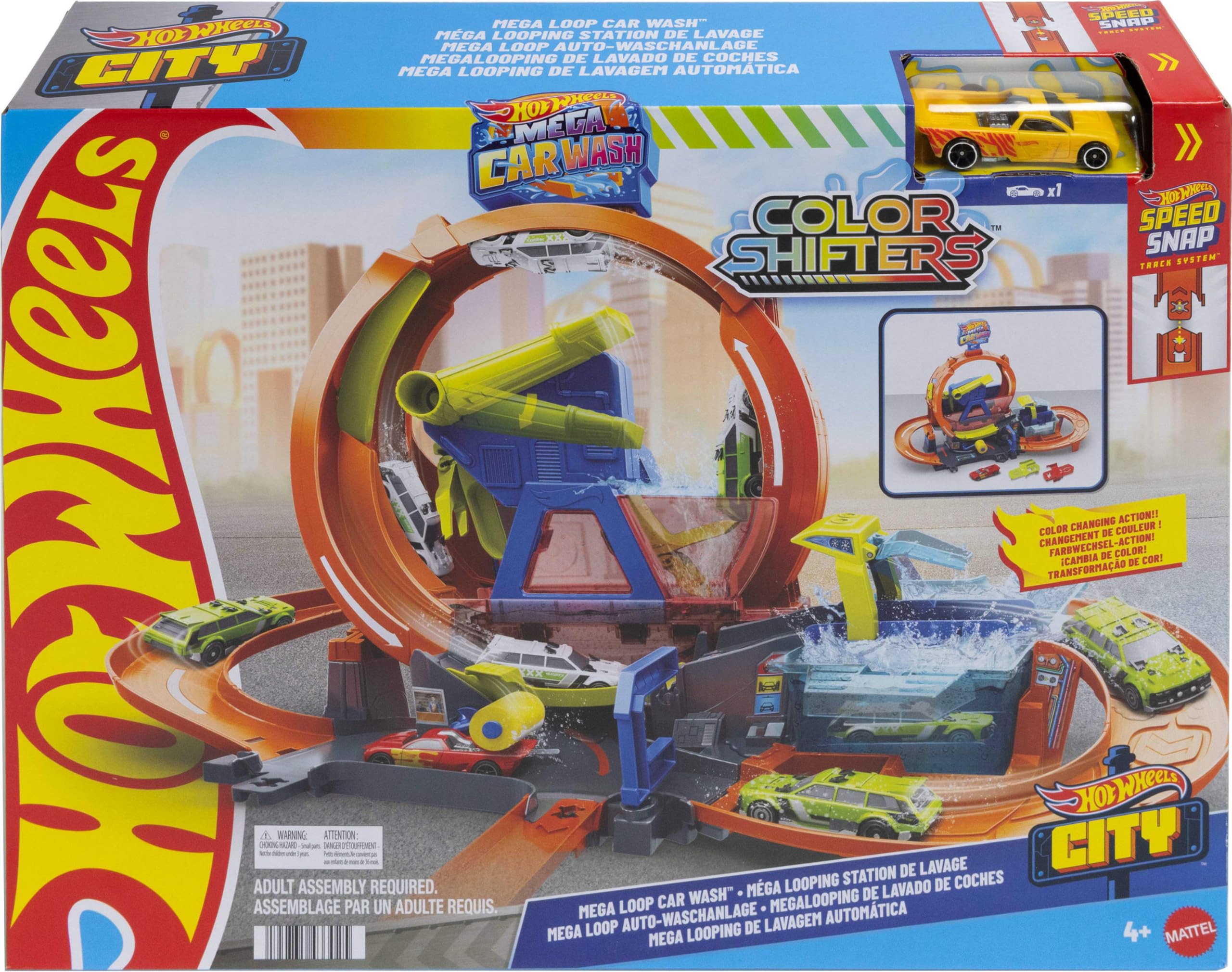 Hot Wheels City Mega Loop Lavado de Coches y Vehículo Cambia Color | Circuito con vehículo de escala 1:64 que cambia de color con agua caliente o fría, ideal para acrobacias y carreras, JTC56