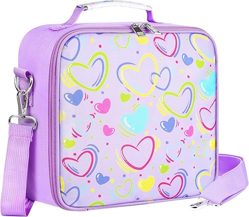 Lonchera para niños, lonchera aislada con corazón para niños y niñas, bonita bolsa Bento cuadrada duradera con correa para el hombro para la escuela