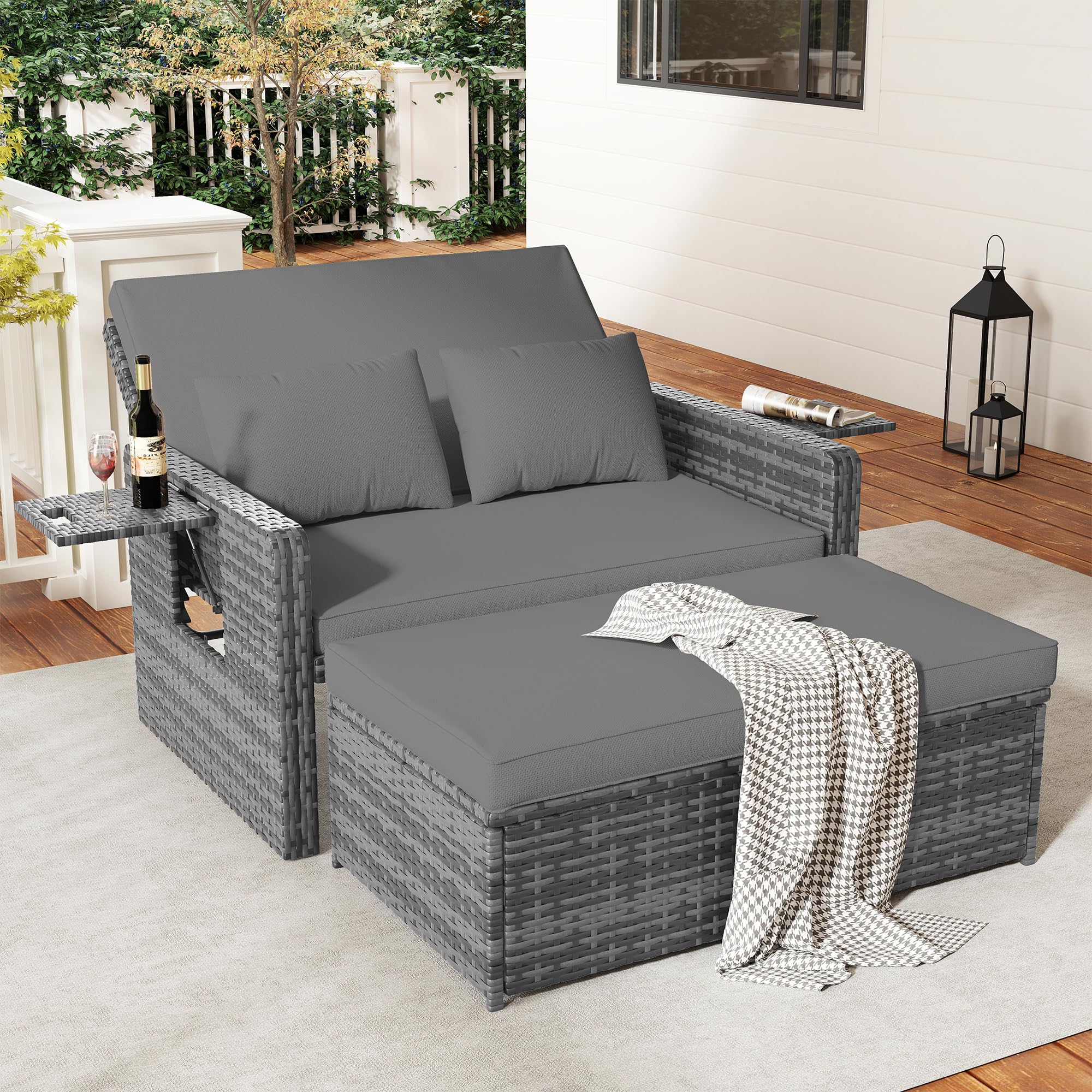 Amopatio Rattan Gartenlounge Outdoor Set, 2-Sitzer Gartensofa mit Verstellbarer Rückenlehne und Stauraum, Wetterfestes Lounge Möbel für Balkon und Terrasse, mit Hocker und Kissen, Grey