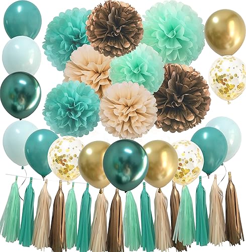 Decoraciones de fiesta verde menta Kit de decoración de fiesta de baby shower de menta para novia, con globos de oro verde y flores de papel de seda