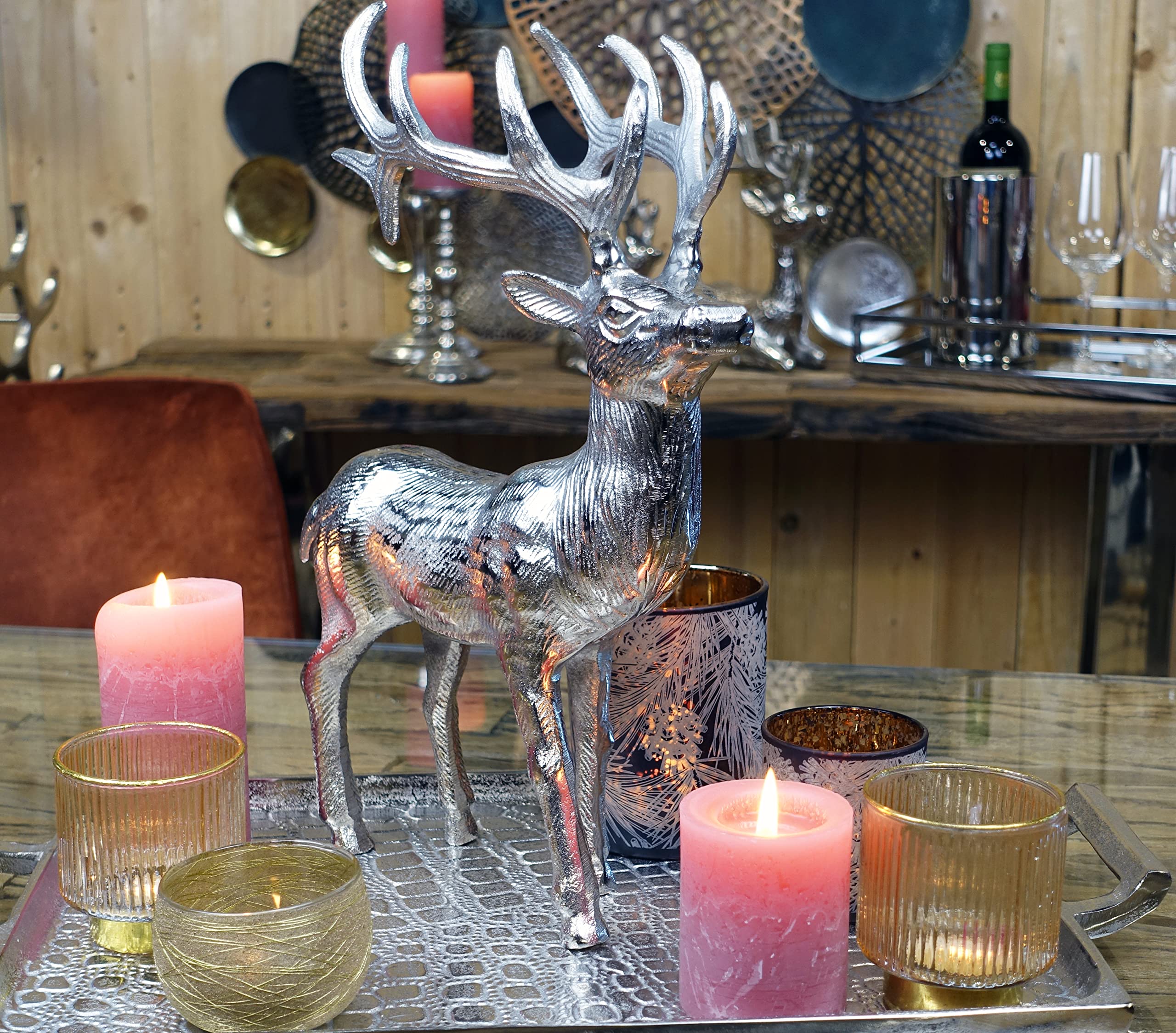 MichaelNoll Hirsch Dekoration - Stehend - Rentier Aluminium Metall Silber - Figur Statue Dekofigur - Deko für Wohnzimmer, Küche, Schlafzimmer - Weihnachten Winter - Hirschgeweih Dekoration XL 37 cm