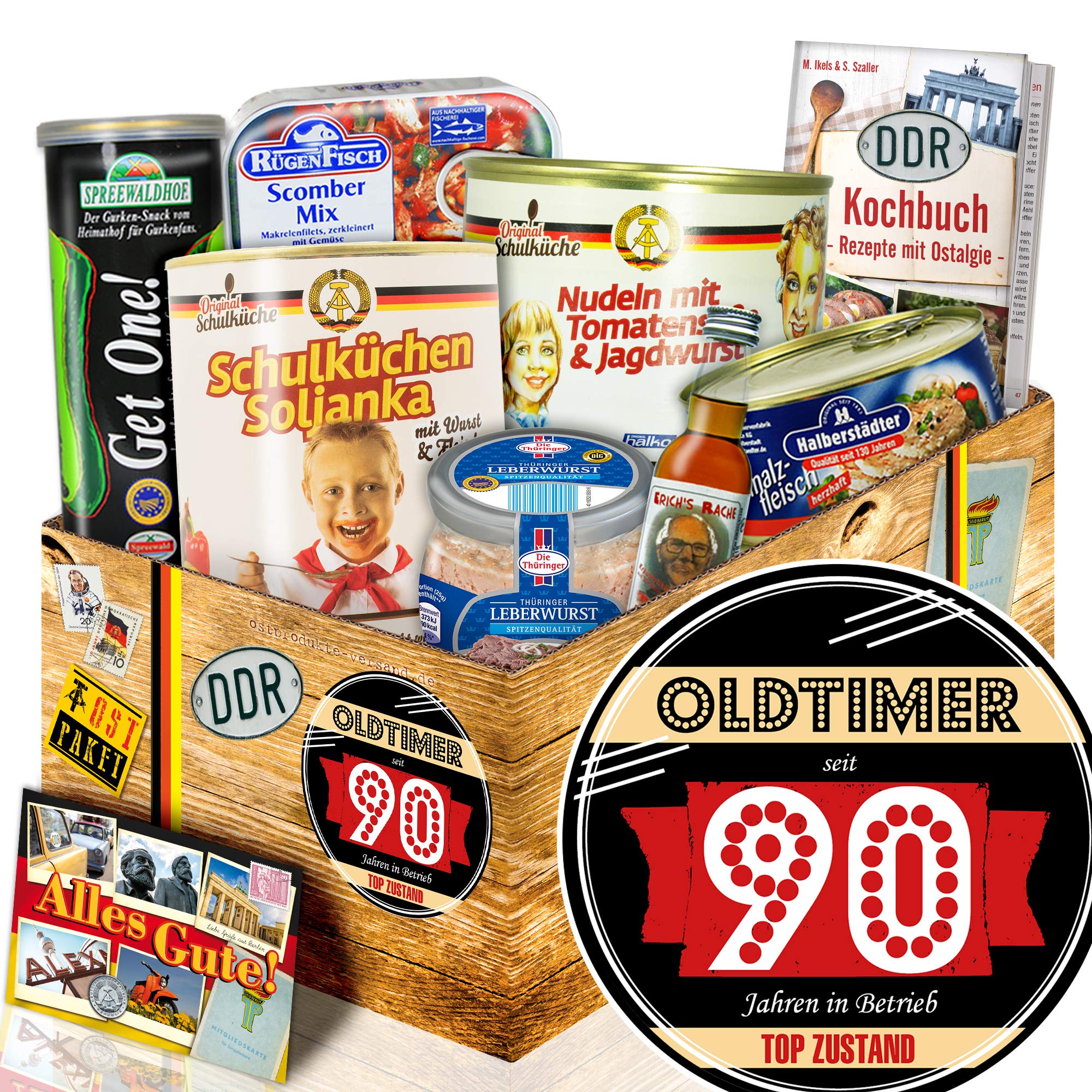Oldtimer 90 - Ostpaket Geschenkset 90. Geburtstag - DDR Box mit Kochbuch