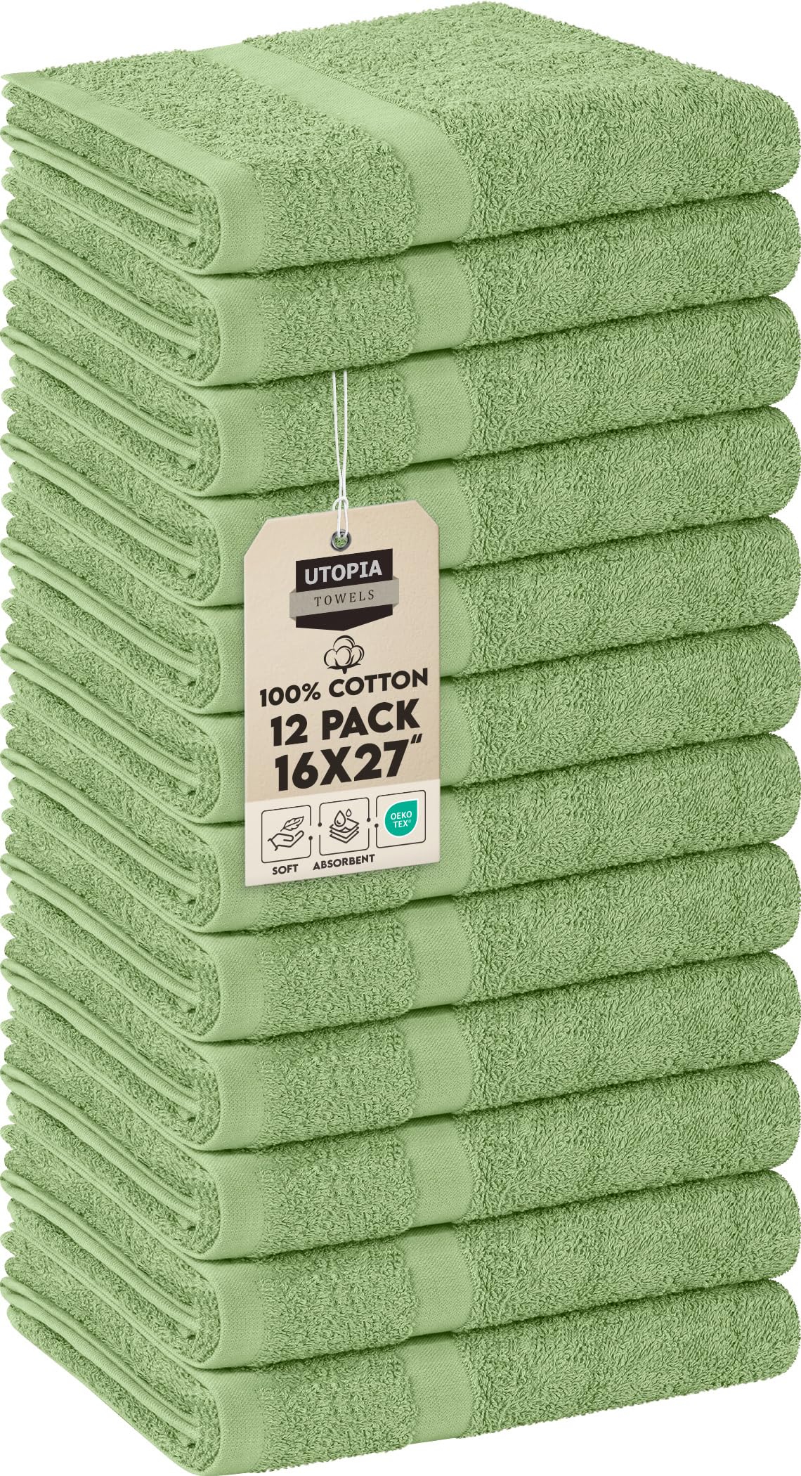 Towels, Salon Towel, Pack of 12, Not Bleach Proof, 16 by 27 Inches, Highly Absorbent Cotton Towels for Hand, Gym, Beauty, Spa, and Home Hair Care, Sage Green