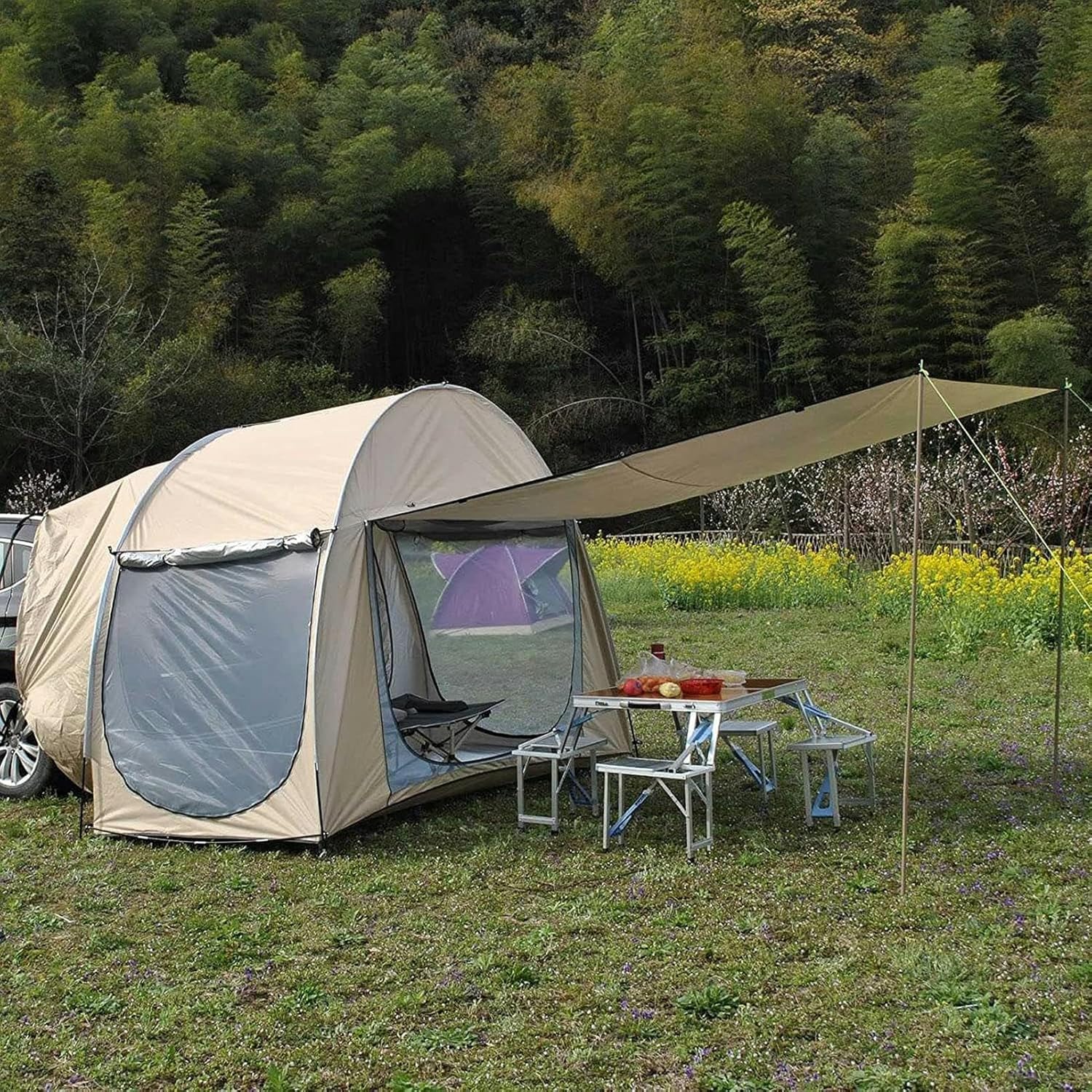 Car Tent Awnings for Camping, Tailgate Tent for Car with 3-Sided Breathable Gauze Tailgate Shade Awning Tent for 2-3 Person Waterproof Windproof Outdoor Camper Tent, green