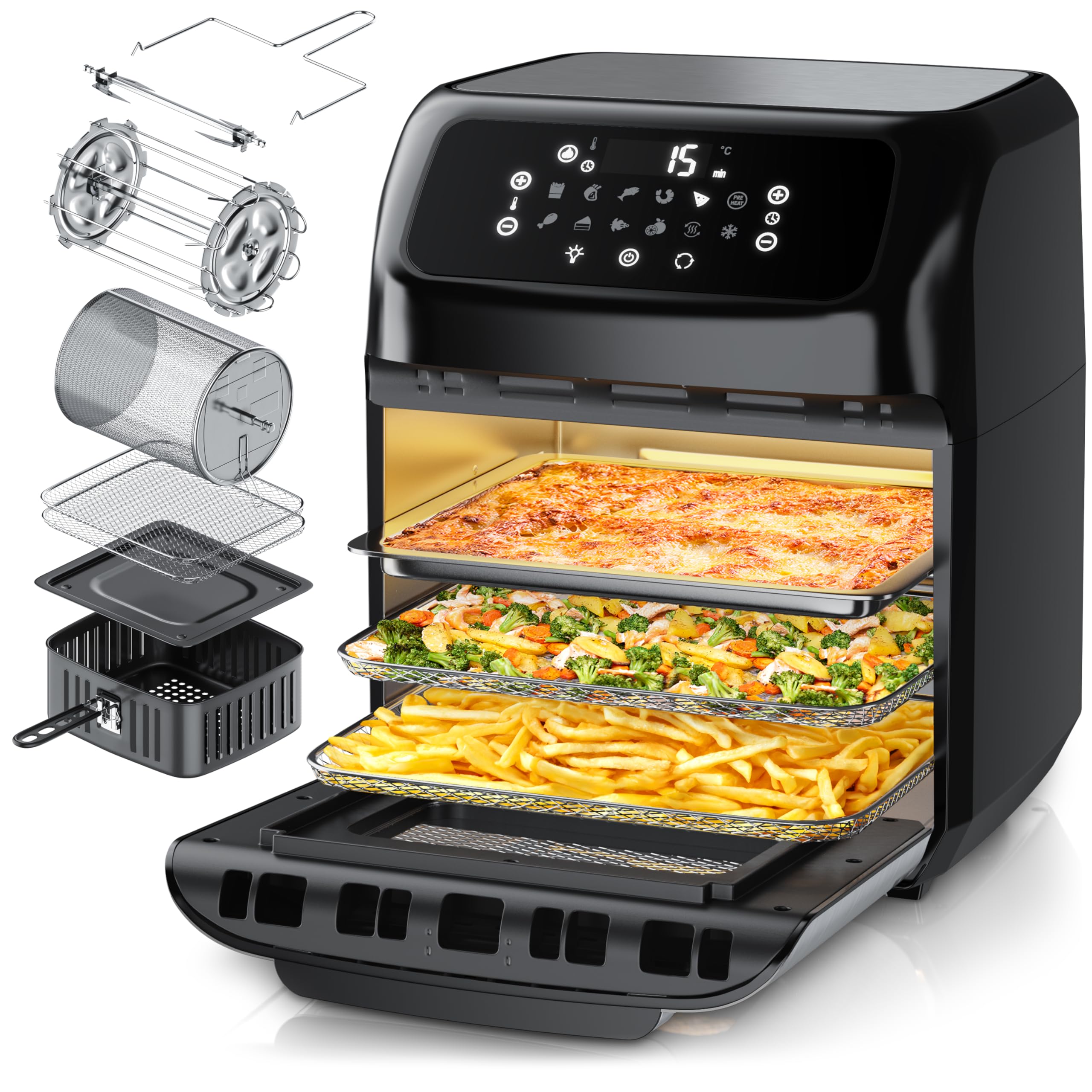 Arendo - Friggitrice ad aria calda da 12 litri - Mini forno multifunzione - Air Fryer friggitrice rotante - Kebab – Pizza - pollo – 9 Programmi - Senza BPA