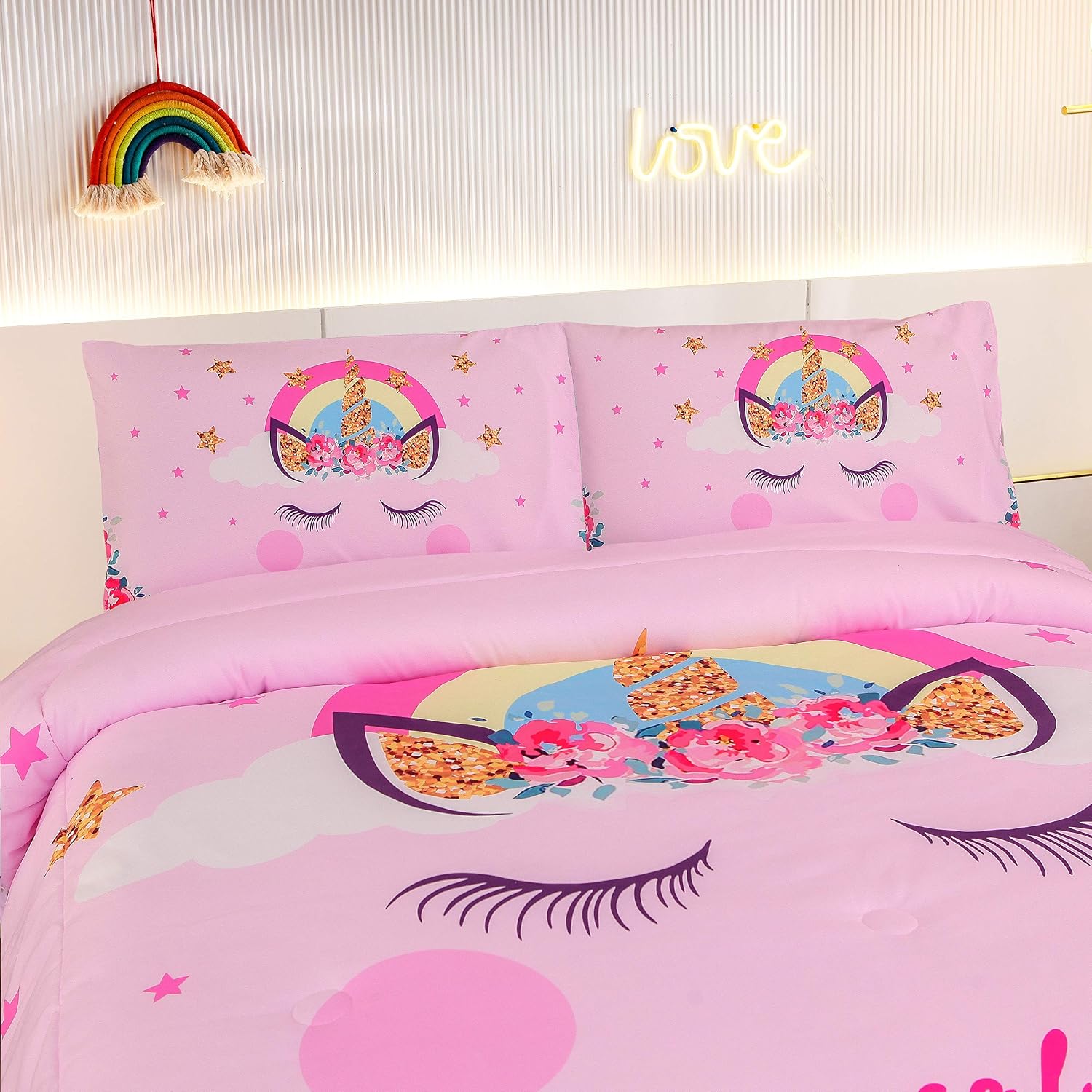 HTgroce Twin Kids Comforter Set,Magic Unicorn Printing Super Soft Microfiber Bedding Sets,1 Quilt+2 Pillow Shams,Full Size 79"x90",Pink Unicorn Twin Bedding Set for Girls