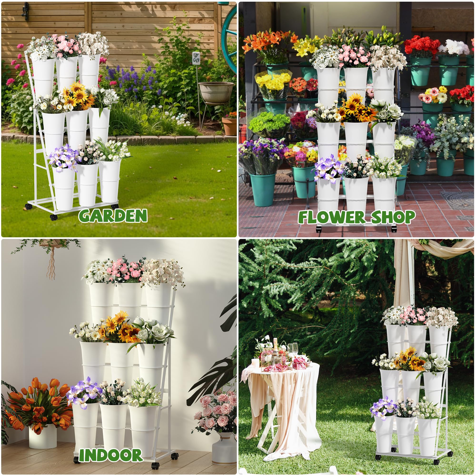 Alyoen Présentoir à fleurs à roulettes avec 9 seaux, présentoir à fleurs métallique à 3 étages, présentoir mobile pour plantes d'intérieur et d'extérieur, mariages, fleuristes, jardin (blanc)