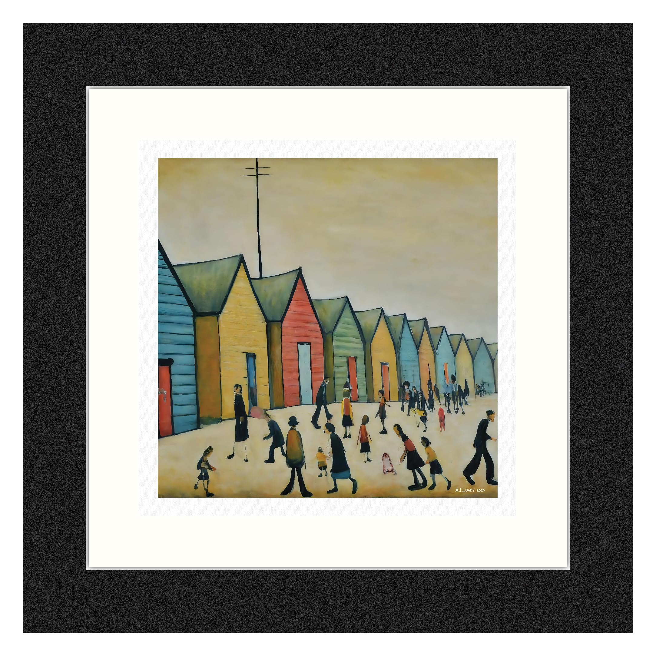 Greetingles Lowry-Style 12"/31cm Square Framed Print. Beautiful Black Ash Frame (Lowry, Brighton Beach Huts) — image 1