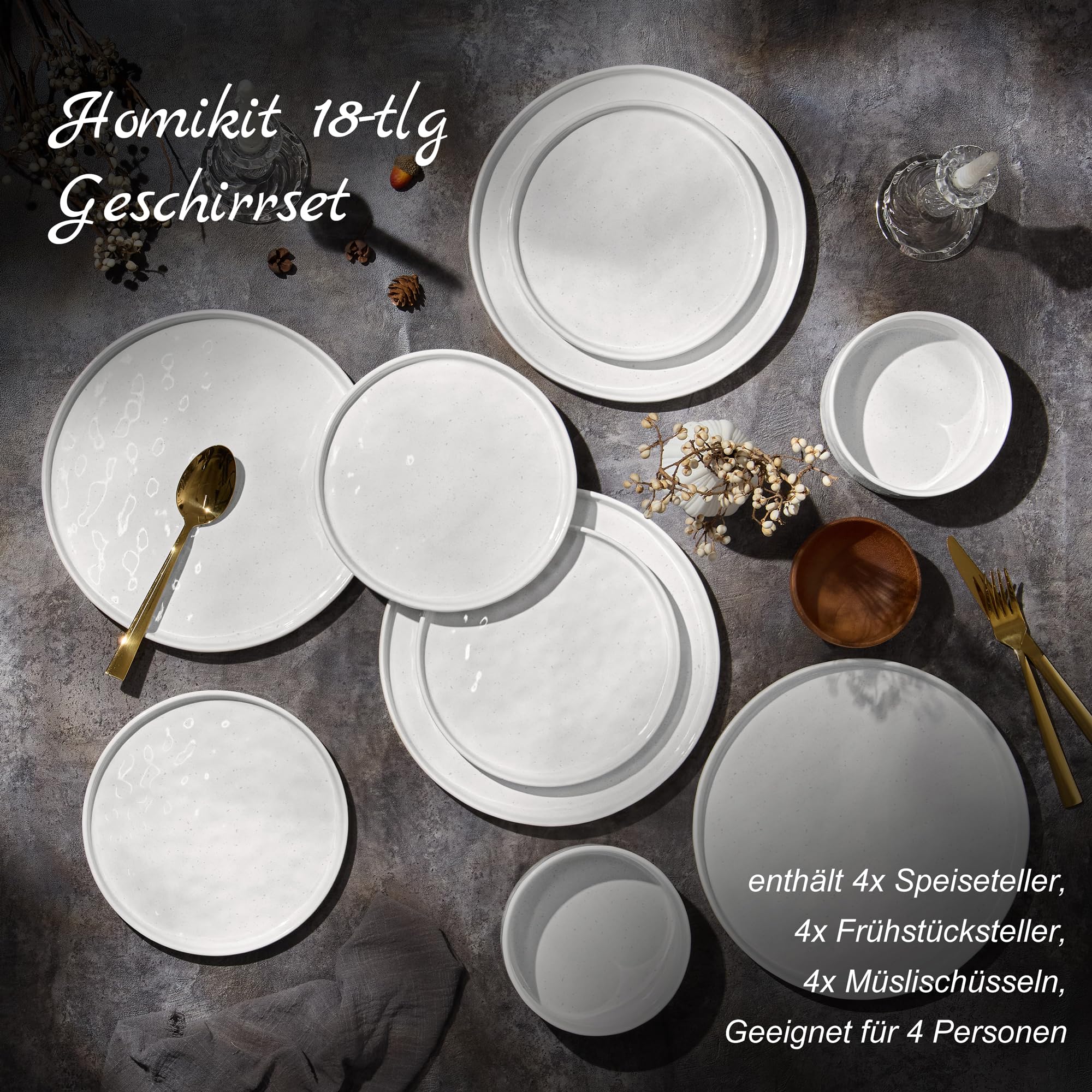Homikit Geschirrset, 12-teiliges Geschirr Set für 4 Personen, Kombiservice Tafelservice mit Speiseteller Dessertteller und Müslischüsseln, Mikrowellen- und Spülmaschinenfest, Gesprenkeltes Weiß