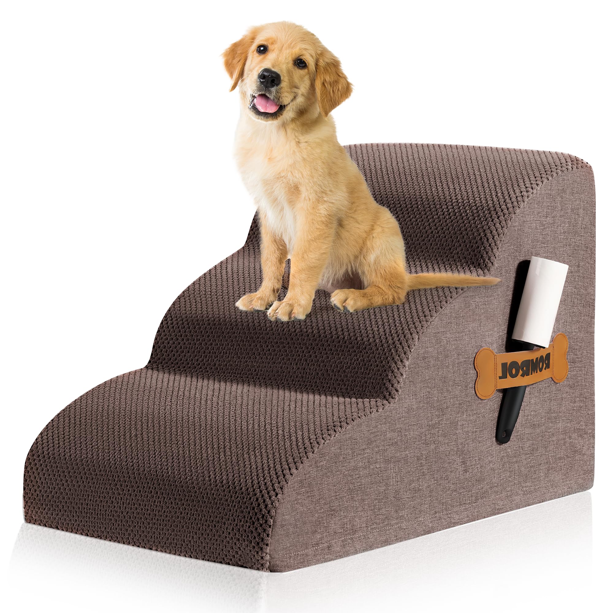 Romrol Dog Stairs Ramp for Beds Couches, Extra Wide Pet Steps with Durable Non-Slip Waterproof Fabric Cover, Pets Slope Stairs, 3-Tiers,Coffee