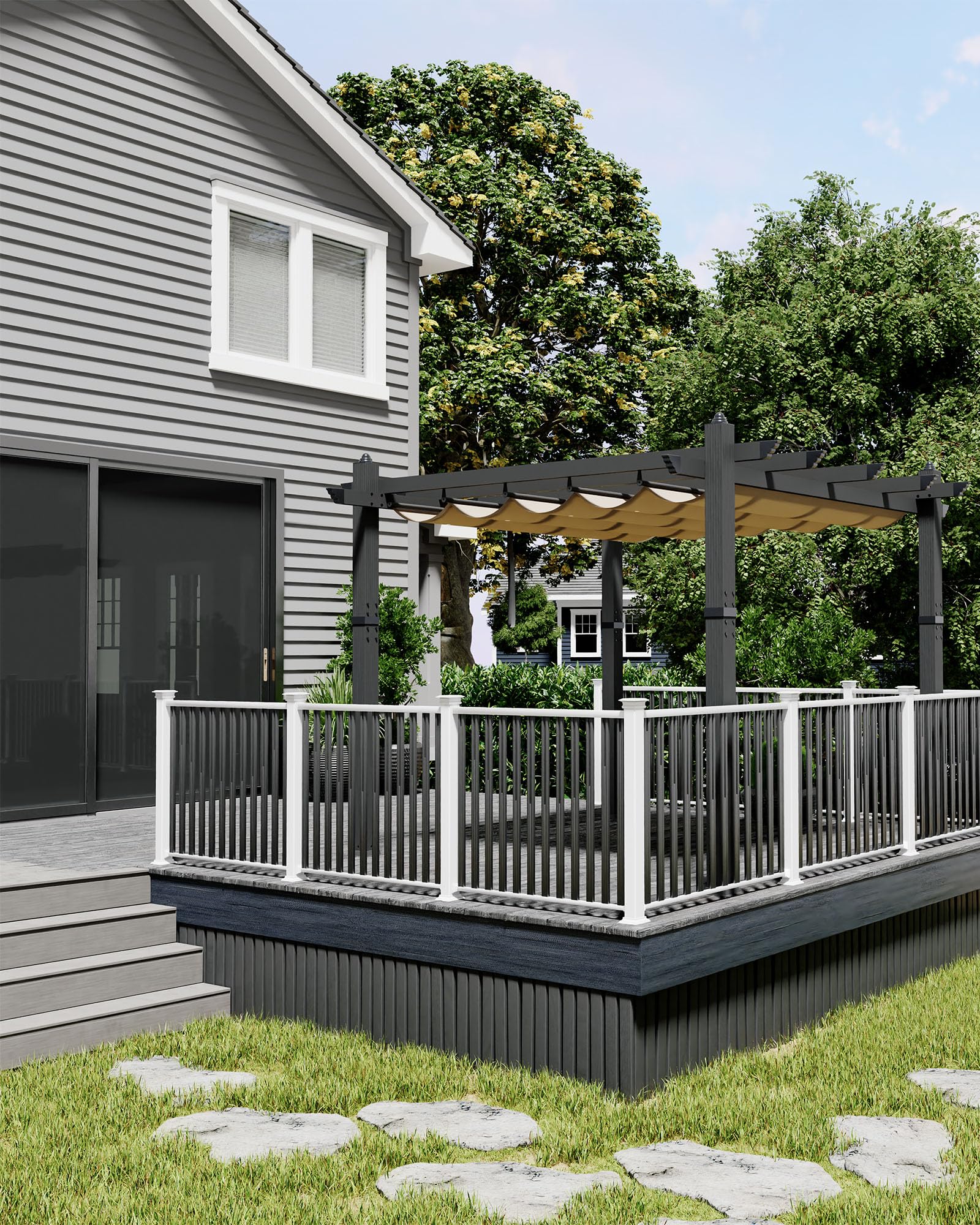 KYBOLT 10x10 Ft Outdoor Pergola Metal Gazebo with Retractable Canopy for Backyard Deck Patio Porch Grape Trellis(Khaki)