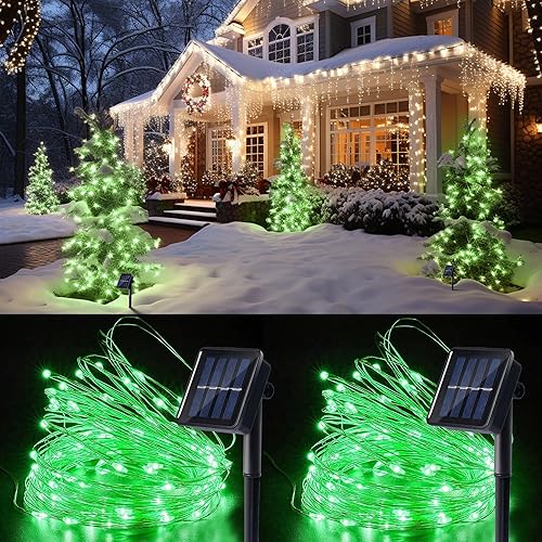 Miniatura 2 de Paquete de 2 tiras de luces solares para decoración al aire libre con 8 modos en total de 160 pies, 400 LED, impermeables, alambre de cobre, luces