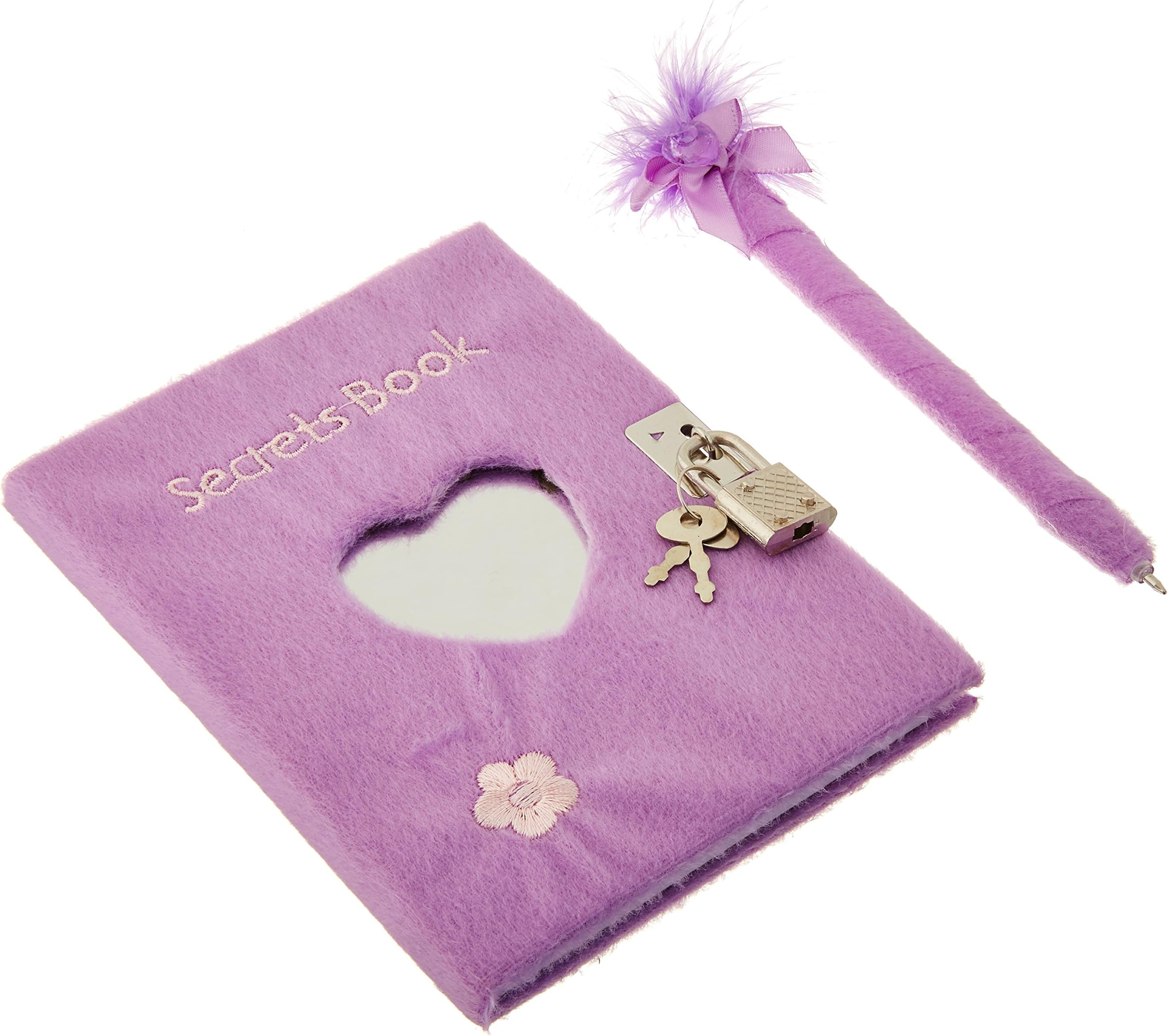 Rhode Island Novelty Girl's Plush Heart Theme Diaries with Mirror and Matching Feather Boa Pen (Assorted Colour)
