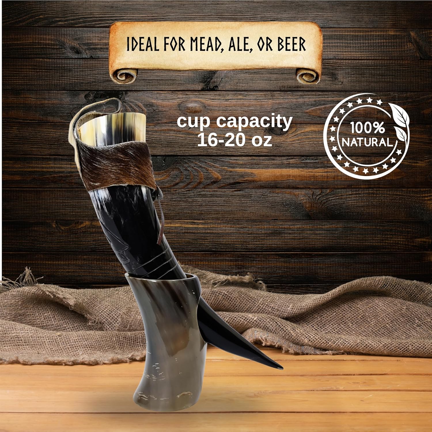 Genuine Ox Wine/Mead Drinking Odin engraved Horn Medieval Viking Cup - Authentic Medieval Inspired Mug with stand and holster by Vikings Valhalla