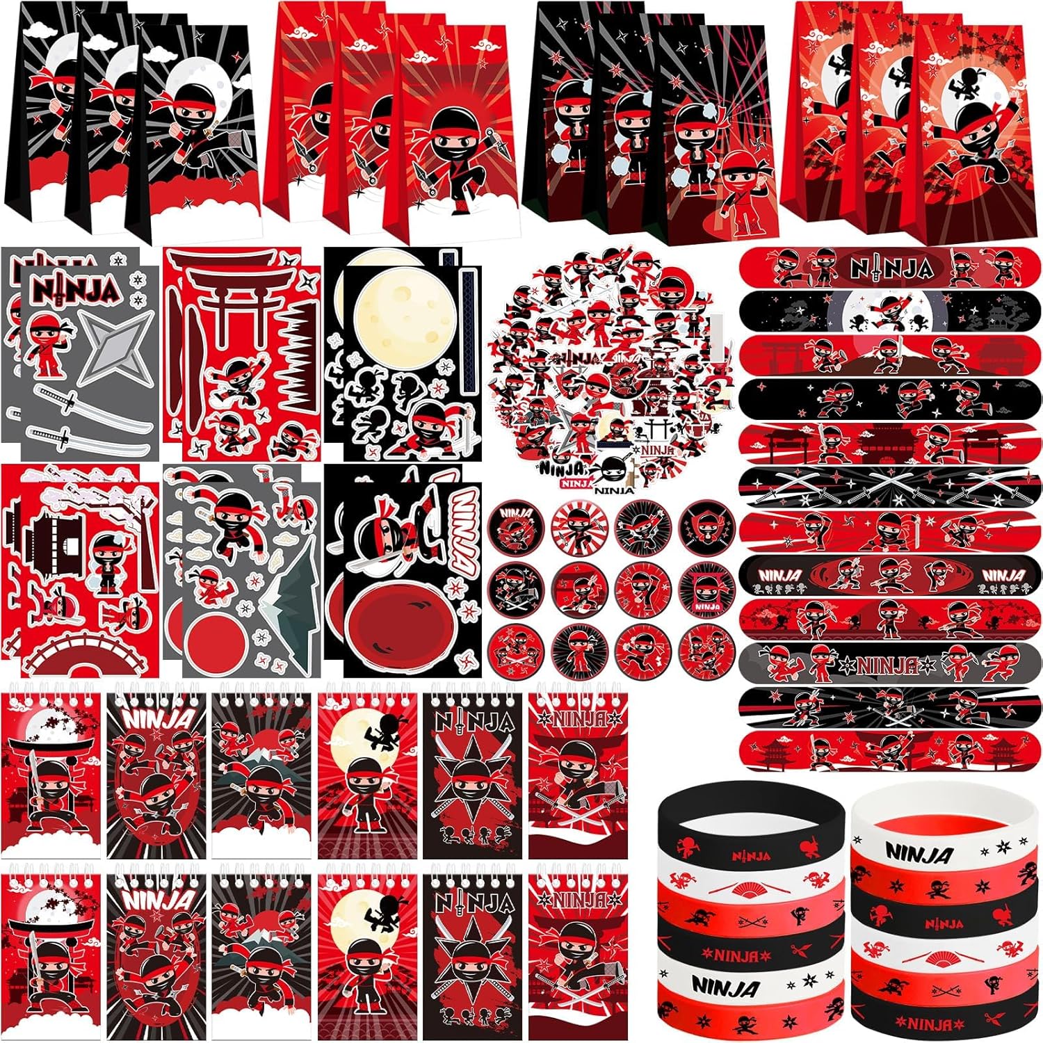 Ninja Party Favors, Ninja Birthday Party Decorations Supplies for Your Little Ninja Warrior, Including Notebook, Gift Bags, Slap Bracelets, Rubber Bracelets, Stickers, Button Pin