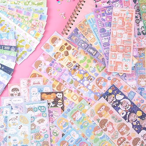 Miniatura 5 de HINZIC 40 hojas de calcomanías kawaii coreanas Deco autoadhesivas de oso, conejo, tigre, gato, calcomanías Kpop para tarjetas fotográficas,