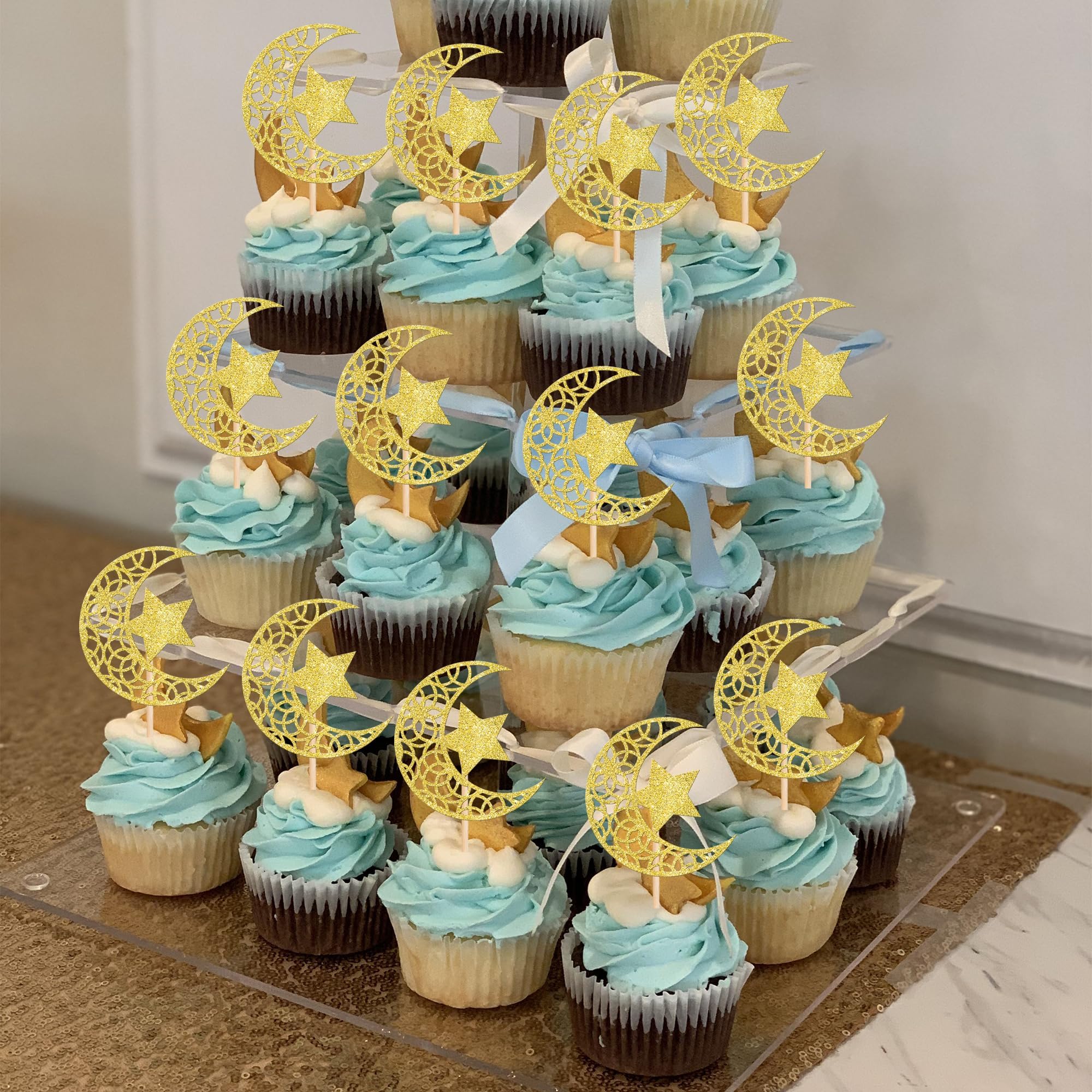 Xsstarmi 24 Pack Gold Moon Star Eid Mubarak Cupcake Toppers for Islamic Eid Mubarak Festival Cake Decorations - Image 4