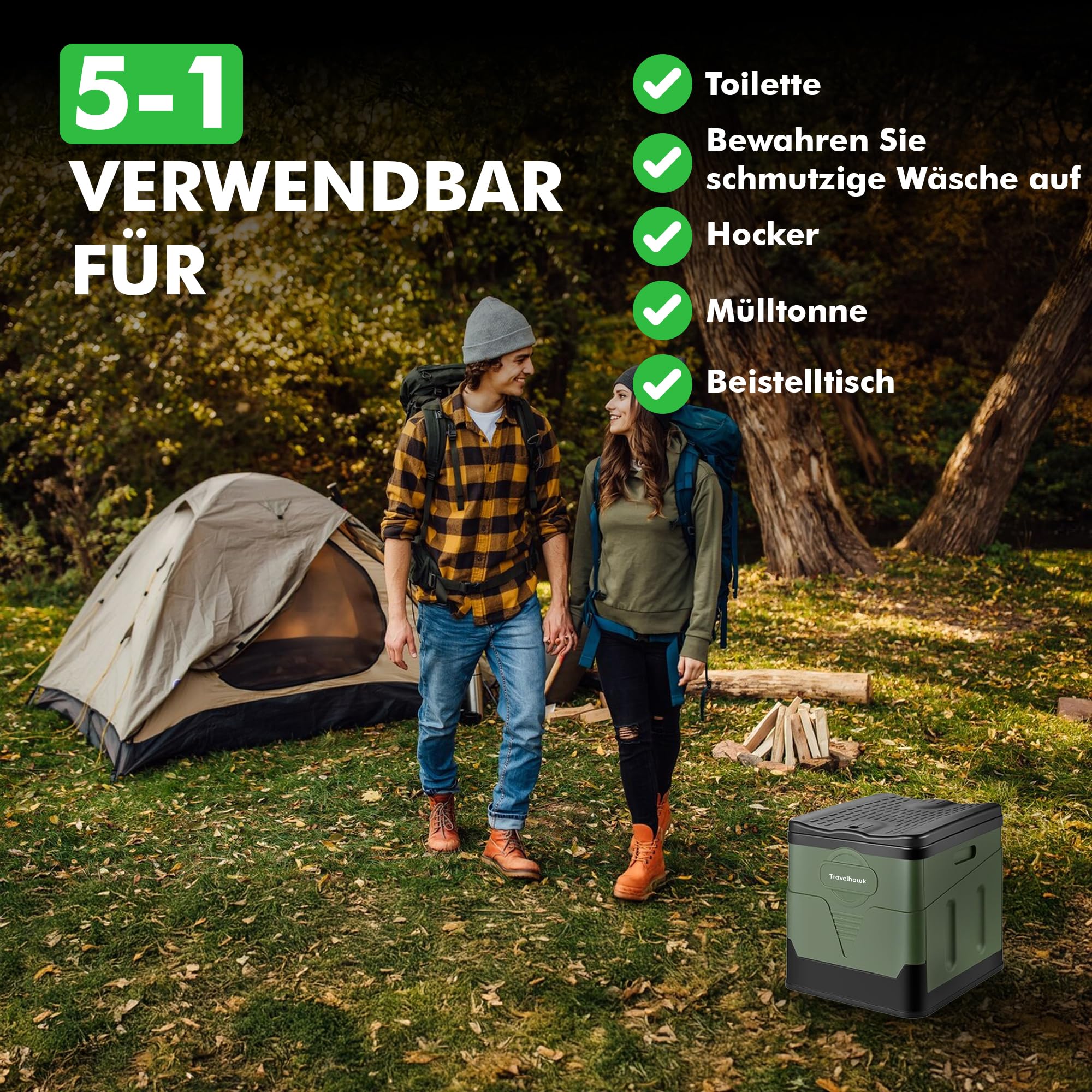 Campingtoilette Faltbar | Klapptoilette bis 150 kg | 12 Bio-Toilettenbeutel & Aufbewahrungstasche | Tragbares Outdoor WC – Camping, Festival, Stau, Notfall