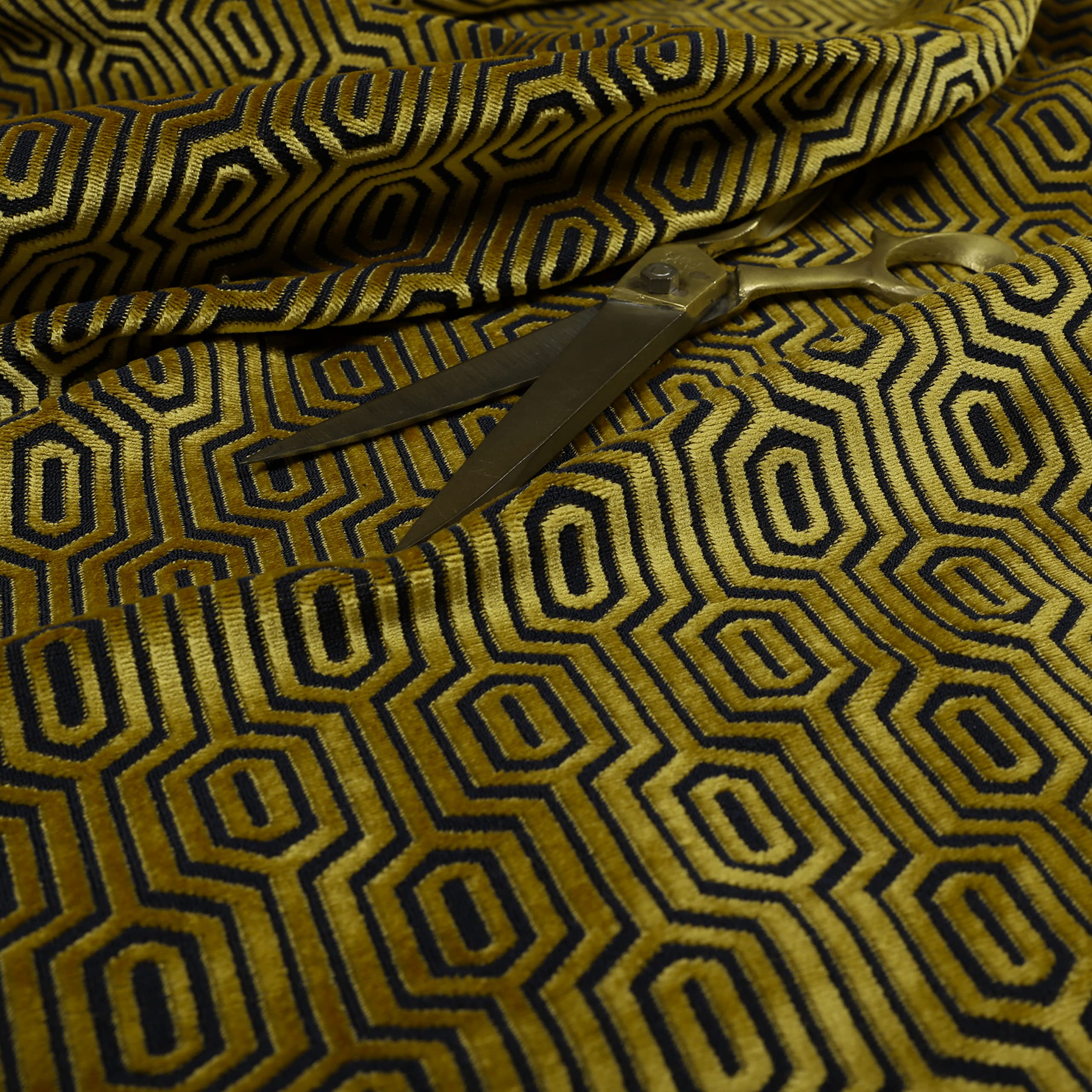 Redbrick Mill Fabrics Flame Retardant Geometric Pattern Velvet Upholstery Fabric by The Metre for Curtains, Chairs and Soft Furnishings, Gold (Per Metre) — image 1