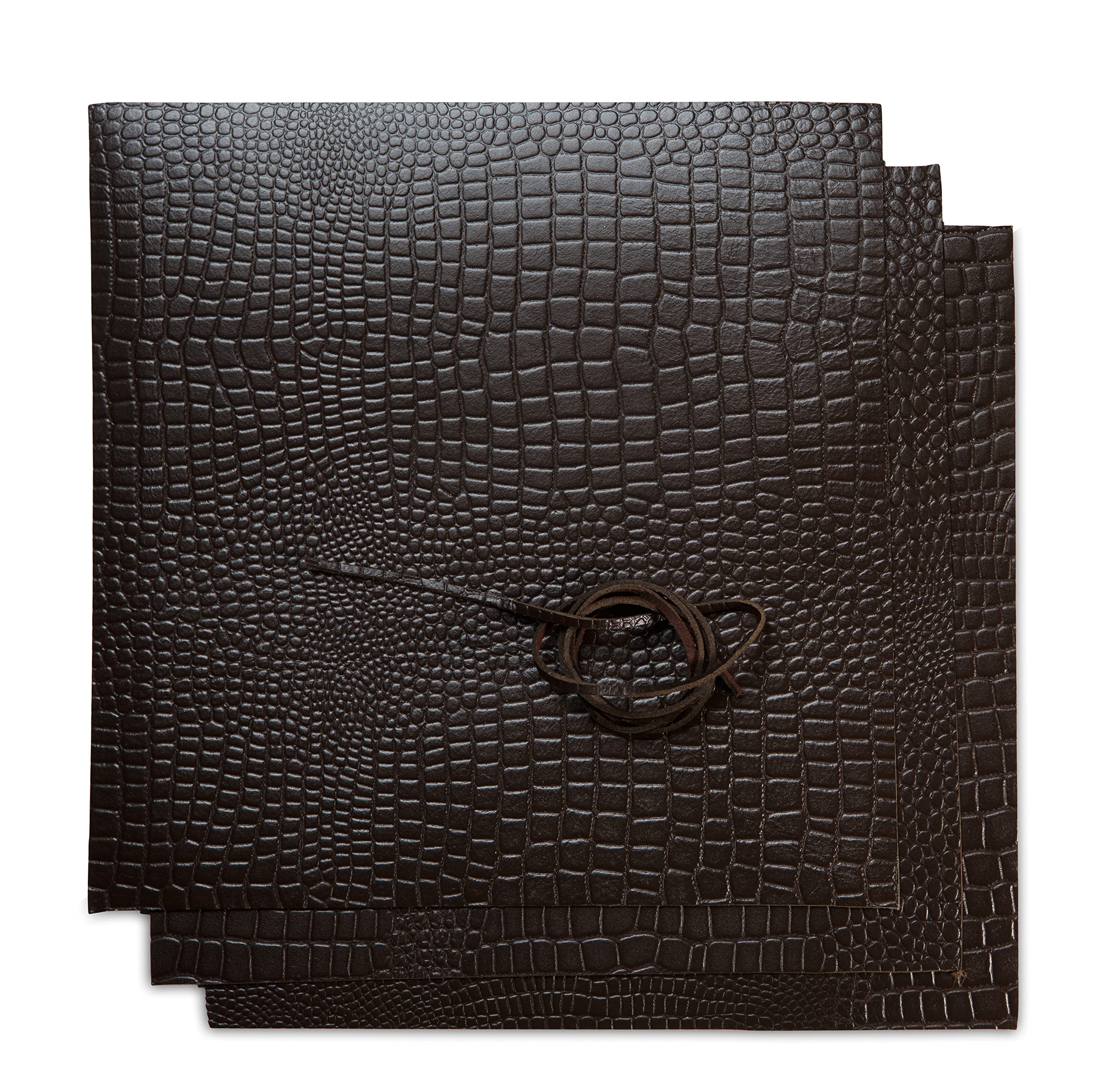 Genuine Leather Sheets with Brown Alligator Pattern – Includes 3 Sheets (12x12")+ Leather Cord (36") - Full Grain Buffalo Leather Squares- Great for Jewelry, Leather Working, Wallets, Arts & Crafts