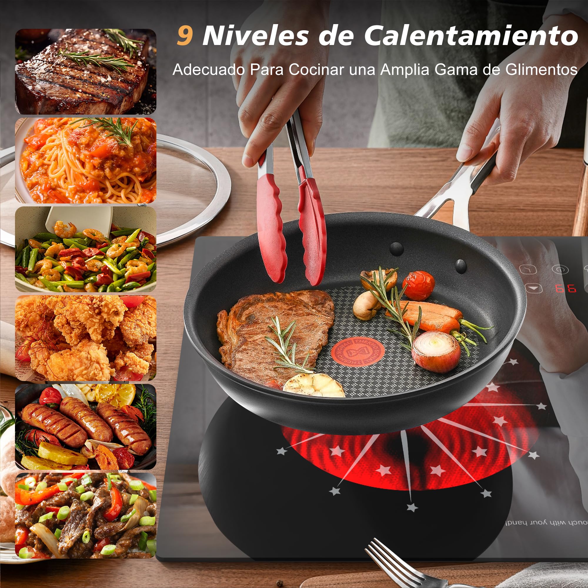 Placa Vitroceramica 2 Fuegos 30cm 3200W, Vitroceramica Induccion con Enchufe de 230v, Placa Electrica Cocina con Perillas, 9 Puestos, Control Táctil, Temporizador, Timer, Cerradura Infantil