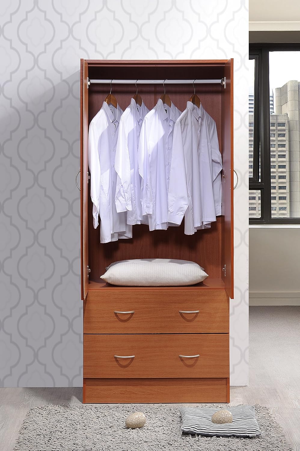 HODEDAH IMPORT- Two Door Wardrobe, with Two Drawers, and Hanging Rod, Cherry