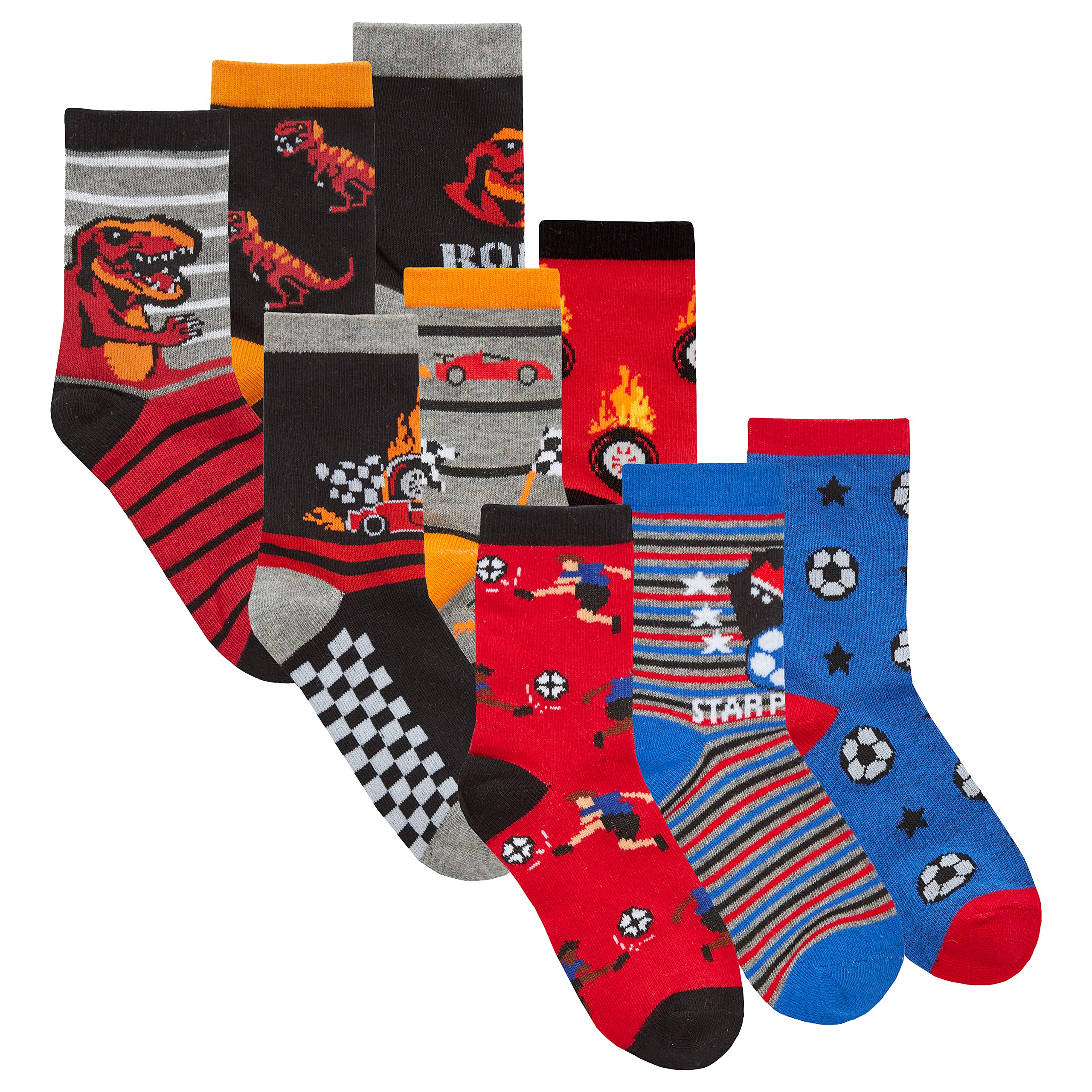 Metzuyan Boys Novelty Cotton Rich Socks 9 Pairs Funky Characters T-Rex Racing Football 12.5-3.5
