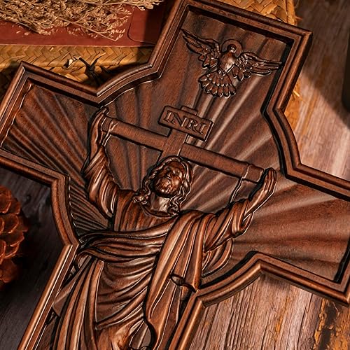 Miniatura 5 de BGCOPPER Cruz de pared de crucifijo hecha a mano con gancho, cruz de Jesús INRI, decoración Wll para iglesia, hogar, habitación, regalos de Navidad