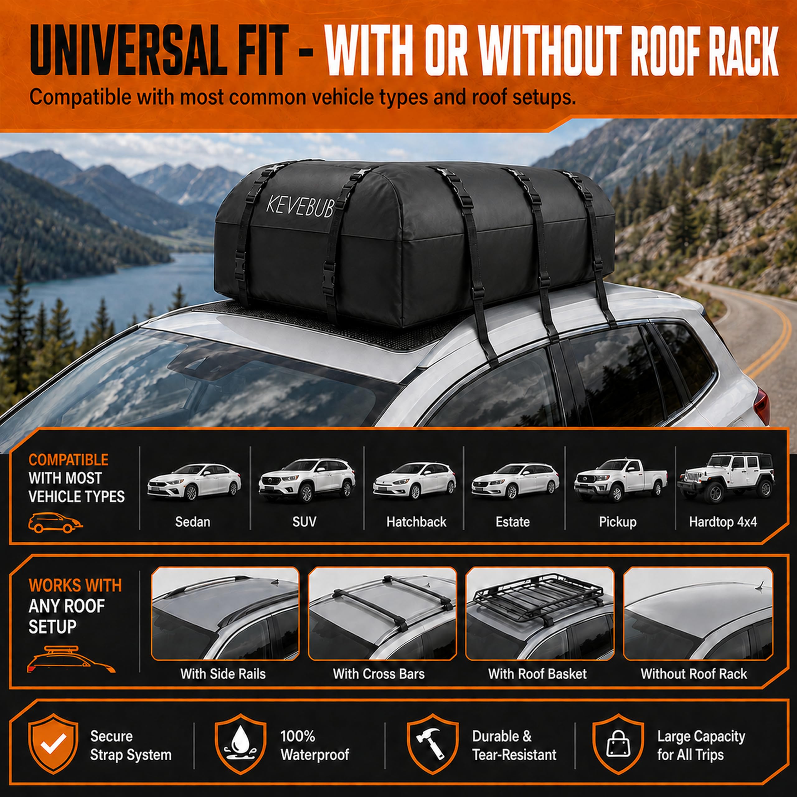 Autodachtasche 600L/21 Cu Ft wasserdicht, Faltbare Dachbox Auto aus 800D PVC, für Fahrzeuge mit/ohne Dachträger, mit Antirutschmatte, 6 Türhaken, Zahlenschloss & Tragetasche