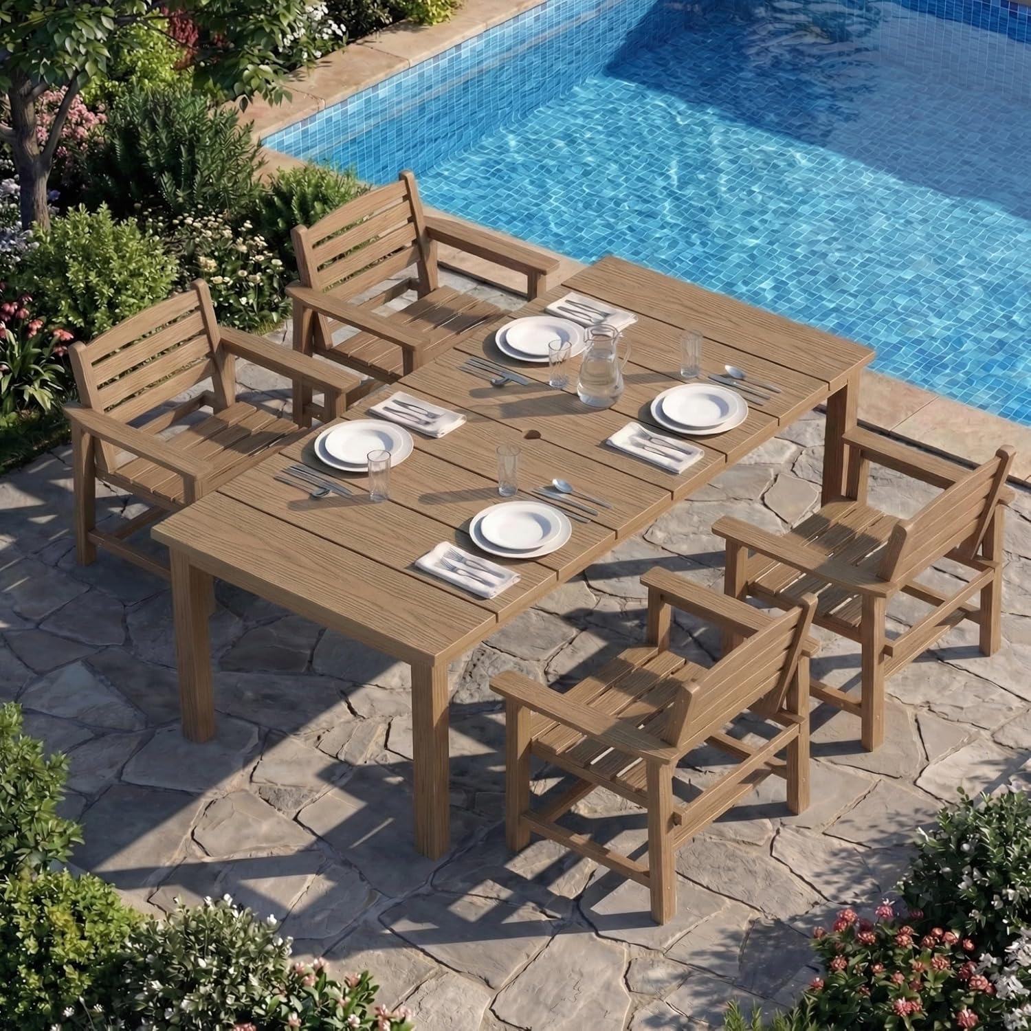 Kingdura 5 Piece Patio Dining Set for 4, 75.2'' HDPE Outdoor Dining Table Set with 2" Umbrella Hole, Weather-Resistant Outdoor Furniture, Table and Chairs Set for Backyard Pool Garden, Brown