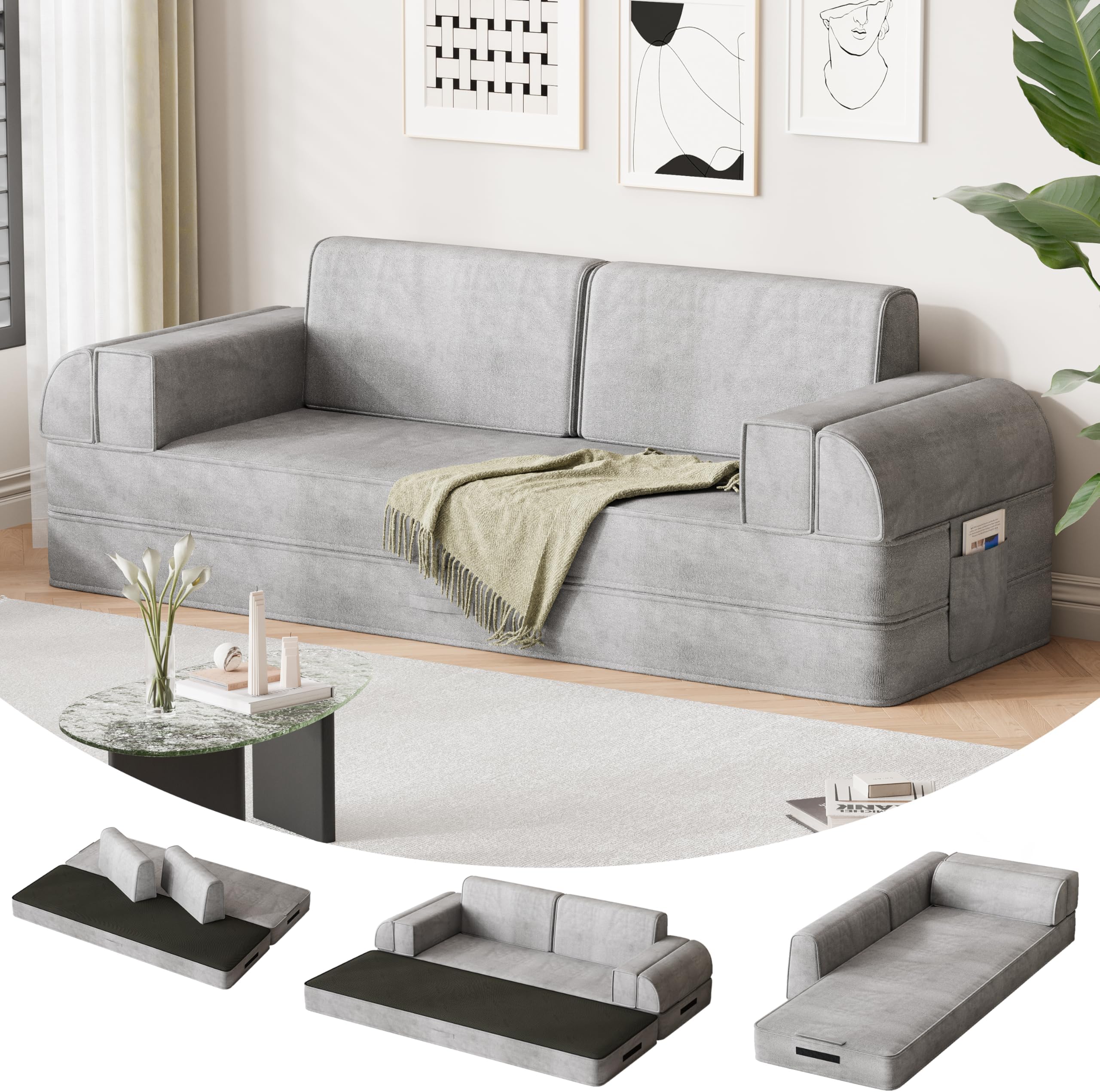 79" Multi-Style Convertible Sleeper Sofa Bed, Loveseat Boneless Couch in a Box, Folding Floor Mattress with Removable Pillows Armrests Side Pockets, Fold Out Lounge Against the Wall, Light Grey