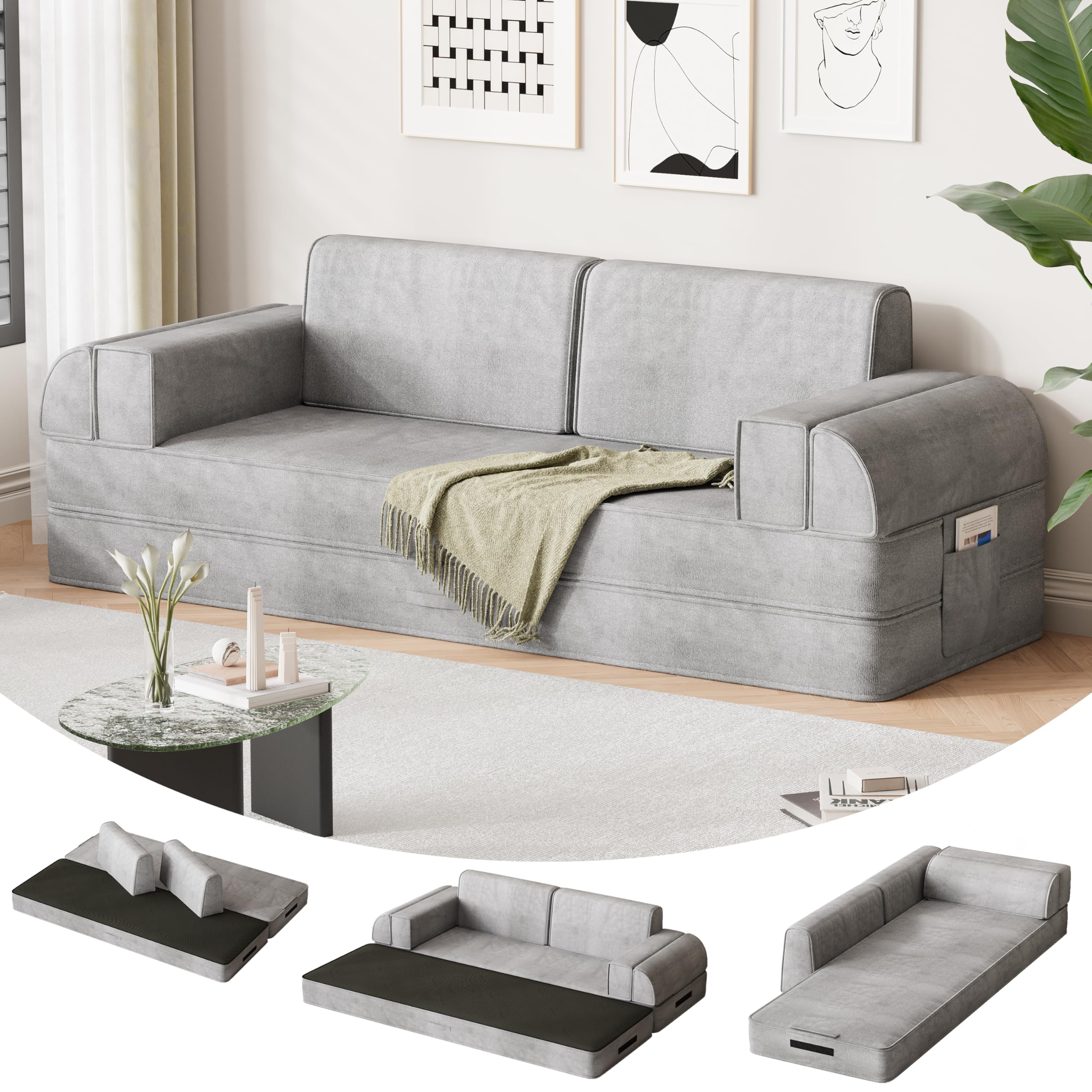 79" Multi-Style Convertible Sleeper Sofa Bed, Loveseat Boneless Couch in a Box, Folding Floor Mattress with Removable Pillows Armrests Side Pockets, Fold Out Lounge Against the Wall, Light Grey